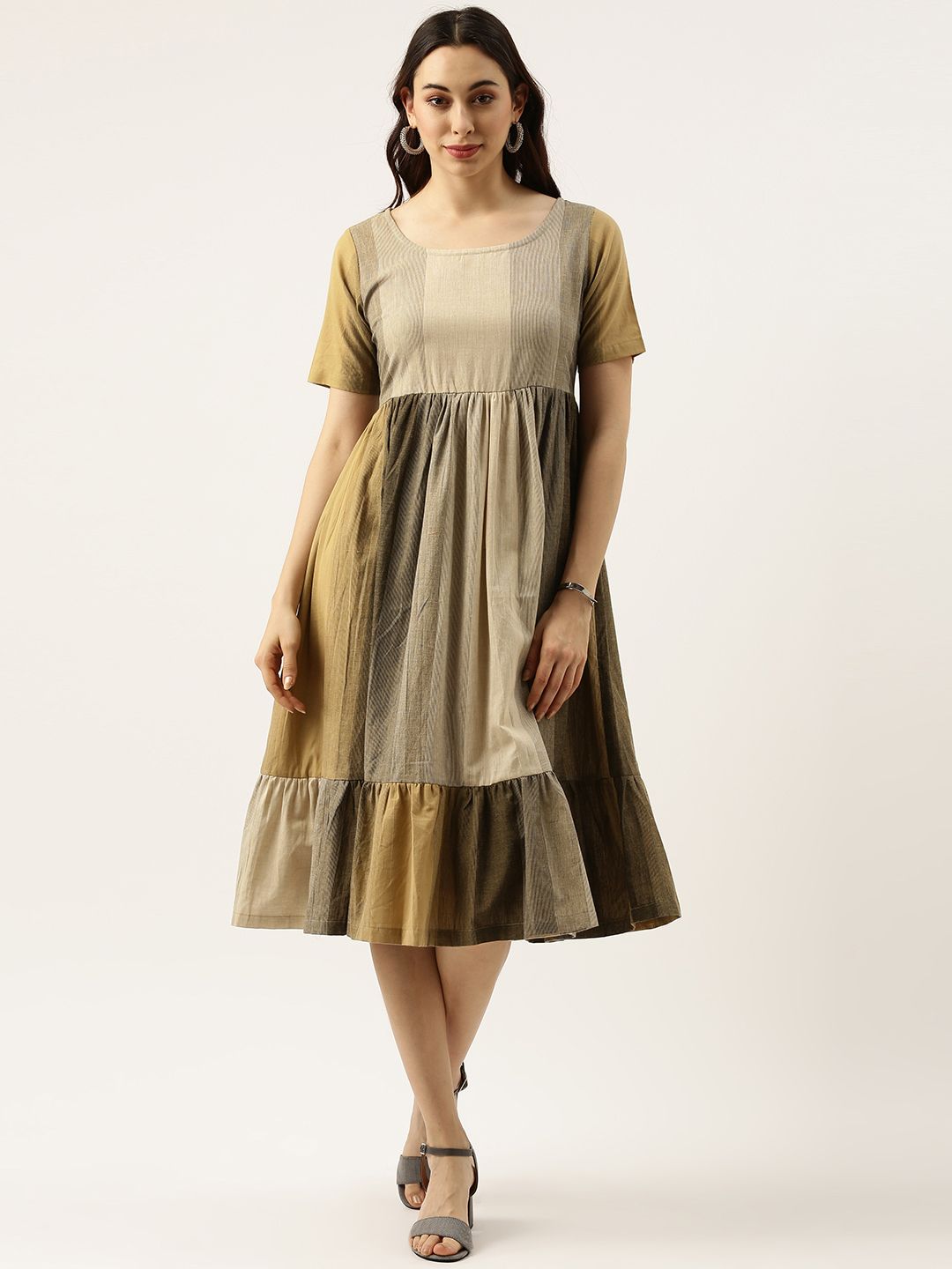 Lokatita Off-White & Khaki Striped Cotton A-Line Midi Dress Price in India