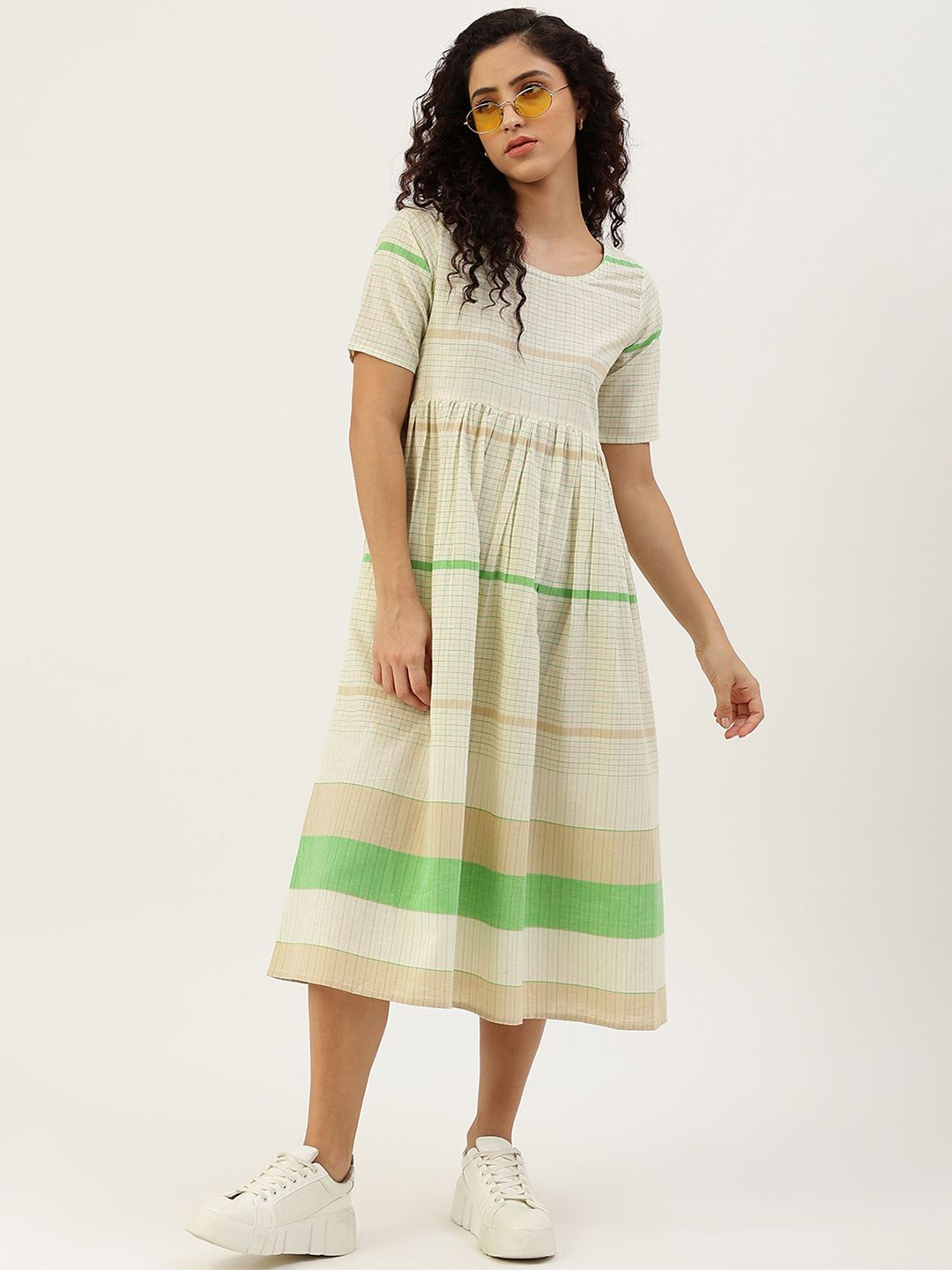 Lokatita Off-White & Green Checked A-Line Pure Cotton Midi Dress Price in India