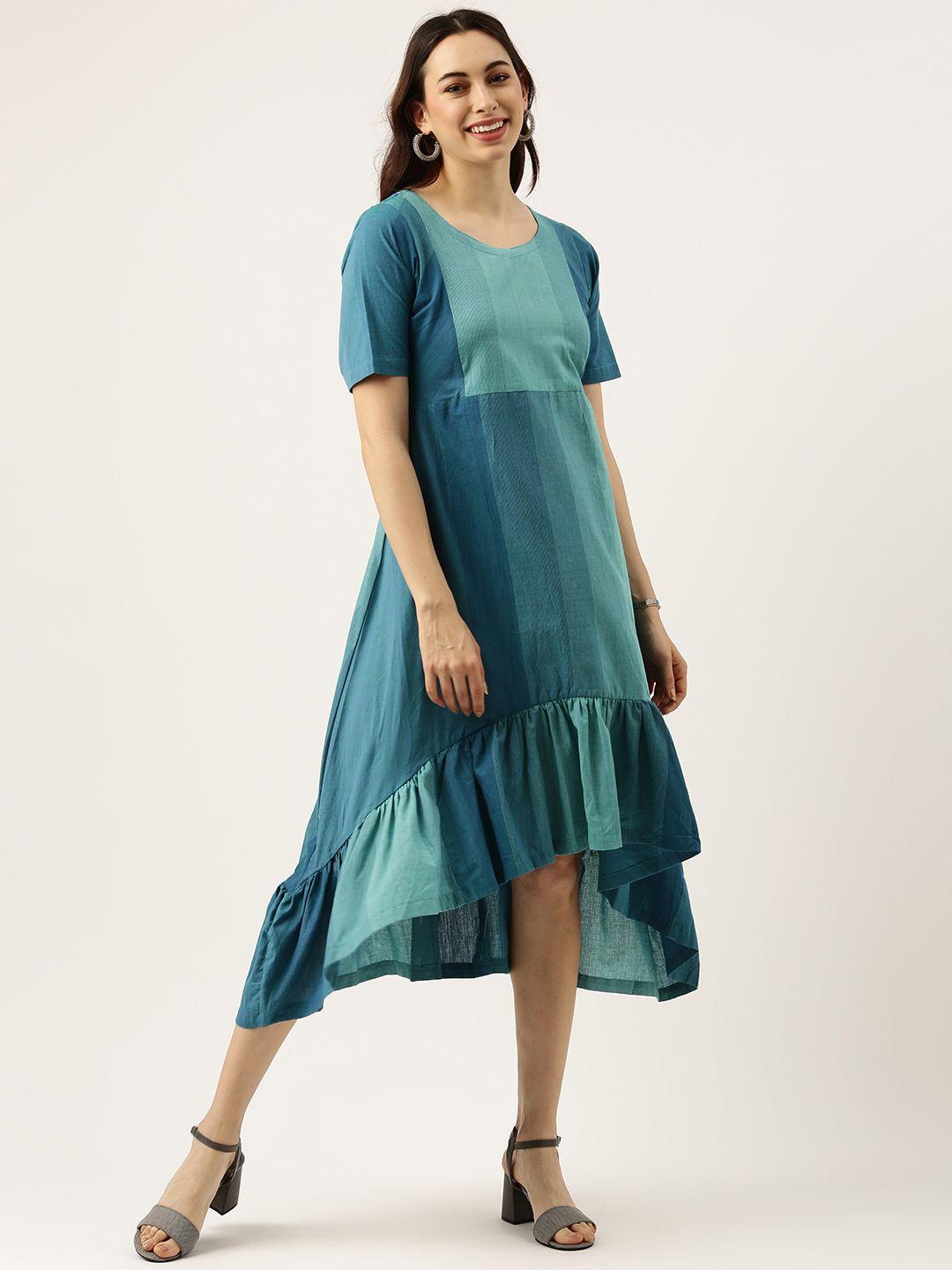 Lokatita Blue Striped Ruffled Cotton Midi Dress Price in India