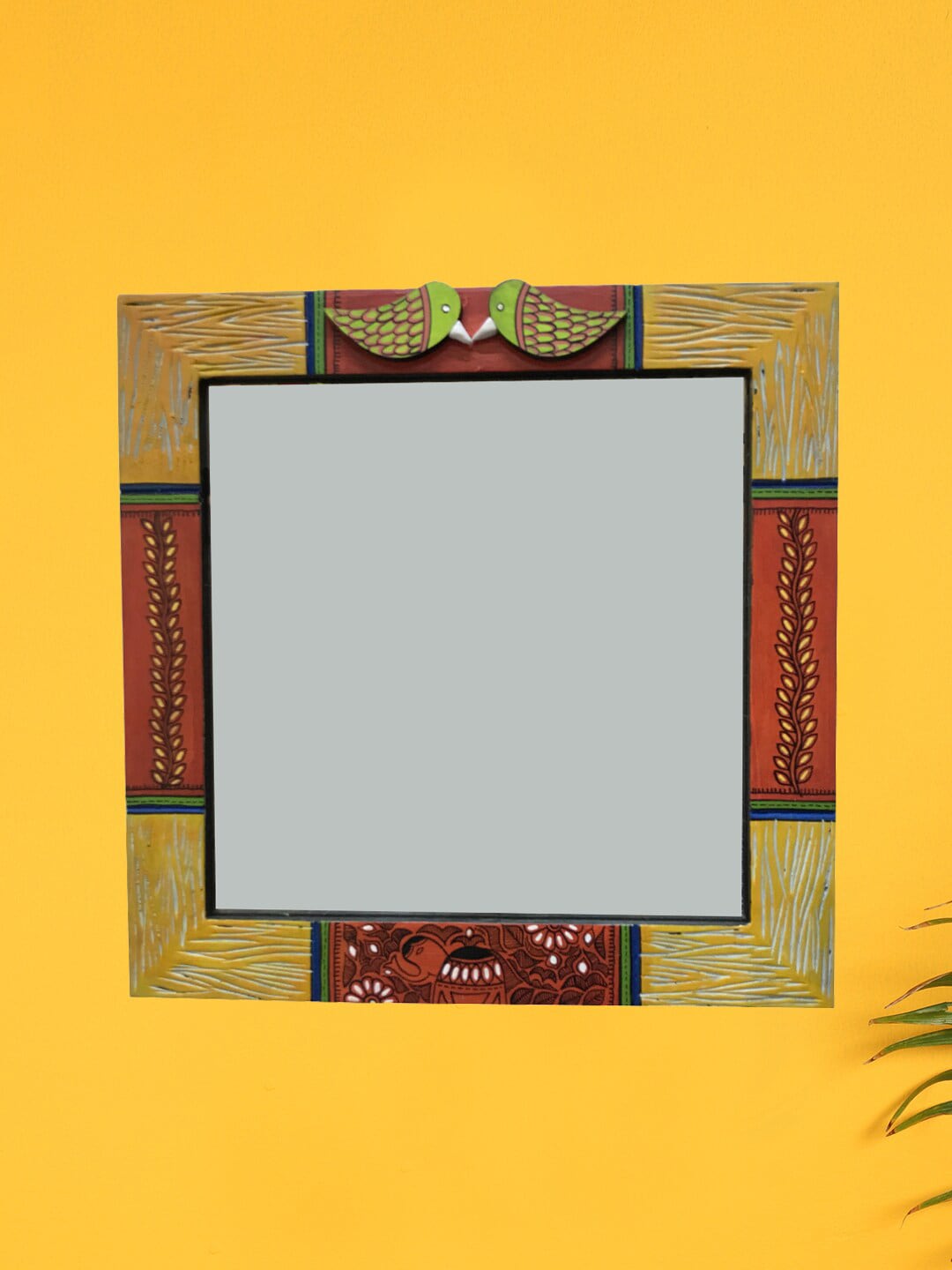 AAKRITI ART CREATIONS Yellow & Red Handcrafted Wall Mirror Price in India