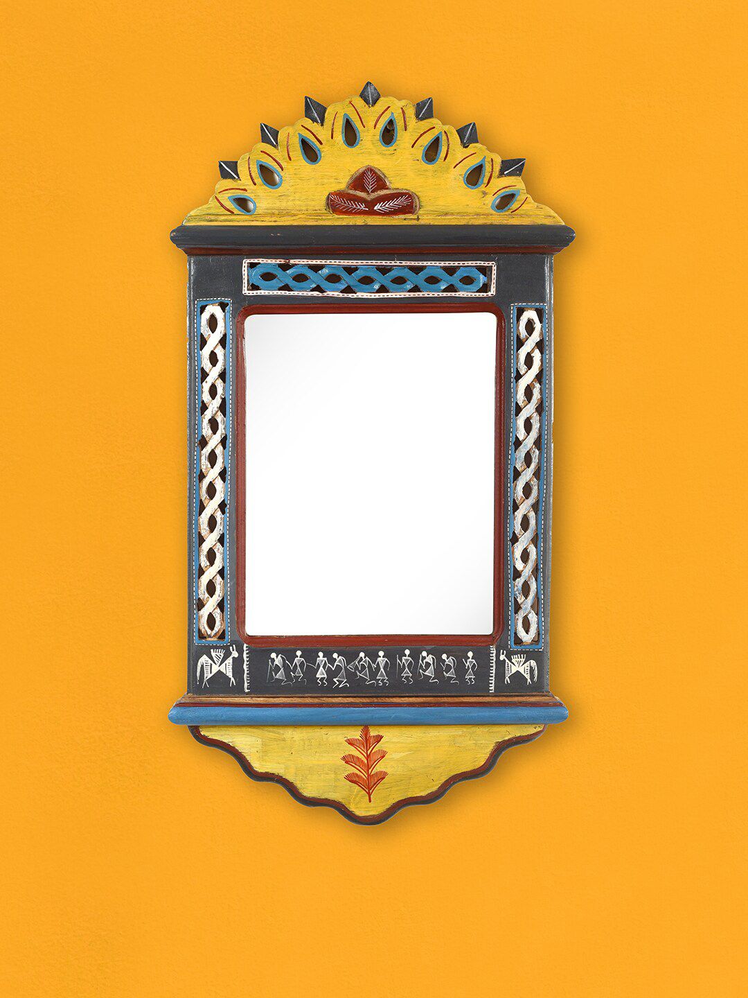 AAKRITI ART CREATIONS Yellow & Blue Patterned Handcrafted Wall Mirror Price in India