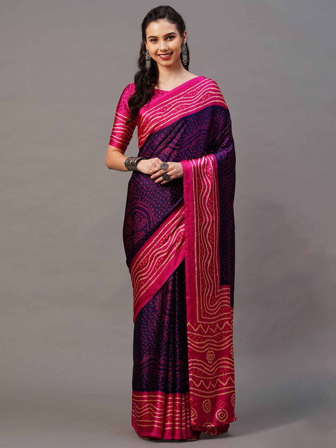 Mitera Purple & Pink Bandhani Saree Price in India