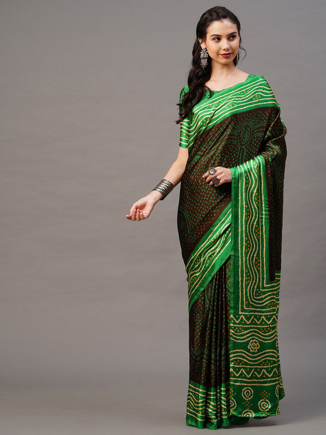 Mitera Brown & Green Bandhani Printed Saree Price in India