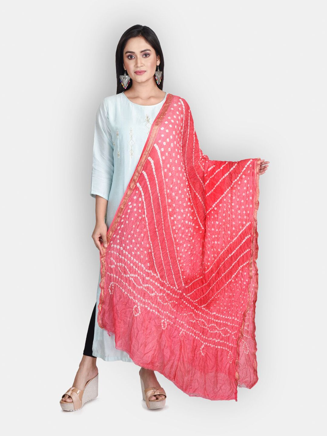 Sanwara Pink & White Bandhani Printed Pure Silk Dupatta Price in India