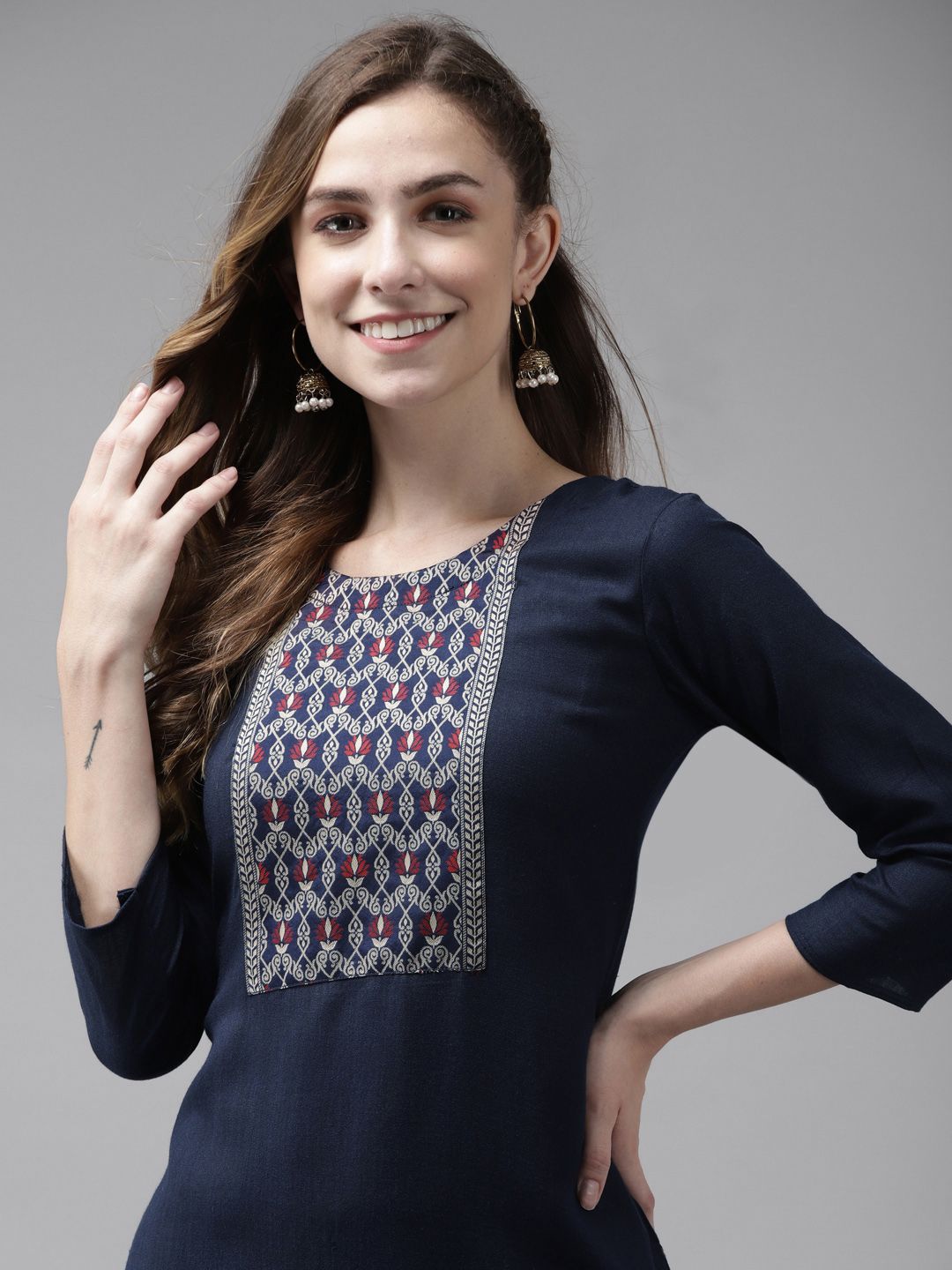 Indo Era Women Navy Blue Floral Yoke Design Kurta