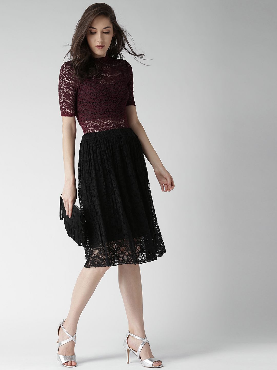 brown polka dot dress short sleeve Primrosa Long Sleeve Mini Dress Burgundy