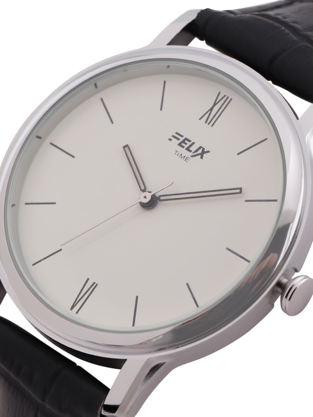 Buy FELIX Men White Solid Dial & Black Textured Leather Straps