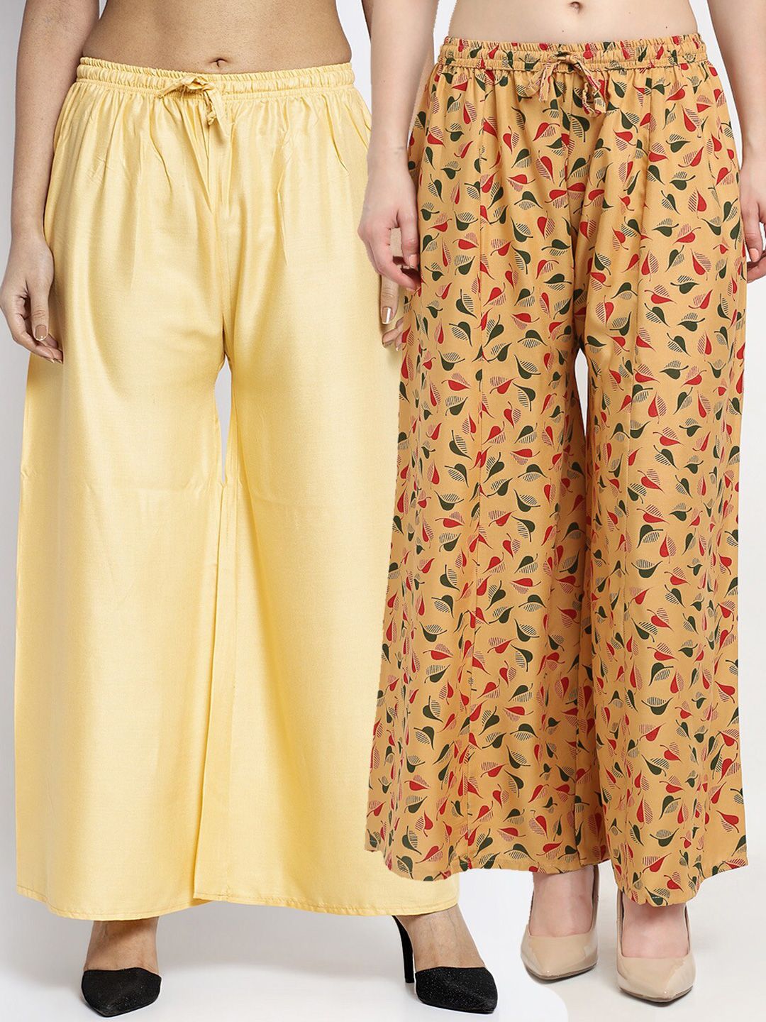 GRACIT Women Set of 2 Beige & Mustard Printed Rayon Palazzos Price in India