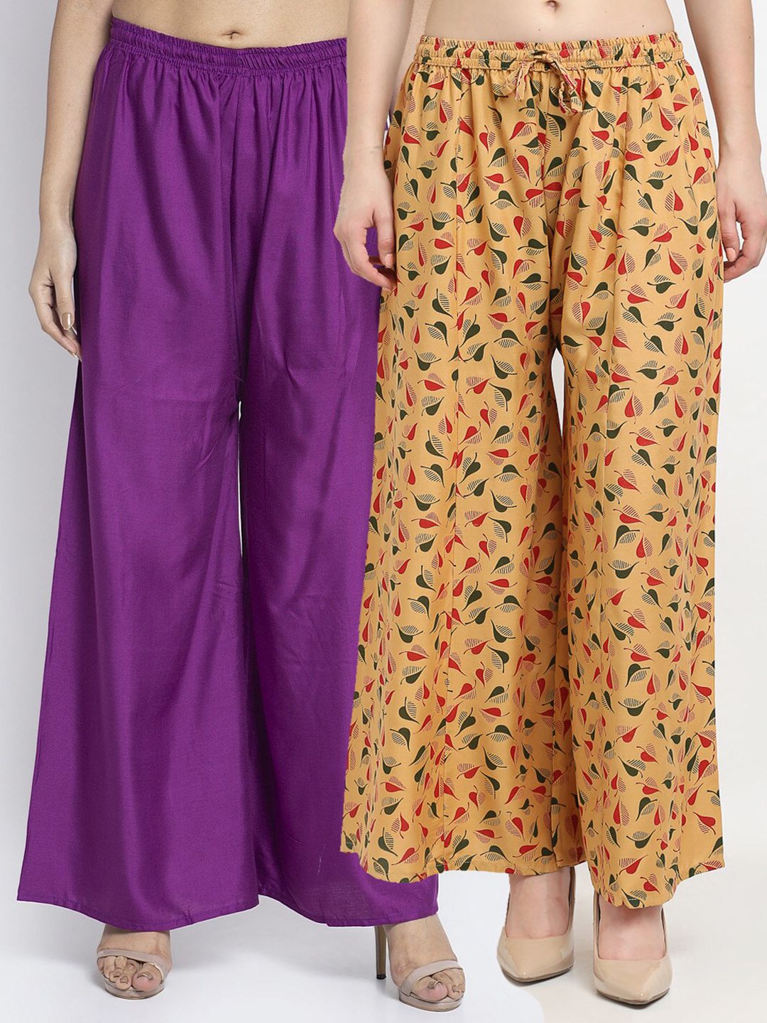 GRACIT Women Pack of 2 Purple & Gold-Toned 2 Floral Printed Flared Palazzos Price in India