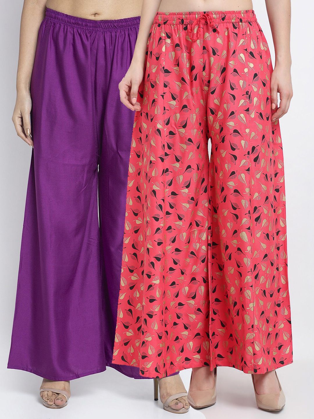 GRACIT Women Purple & Coral Printed & Plain Pack of 2 Palazzos Price in India