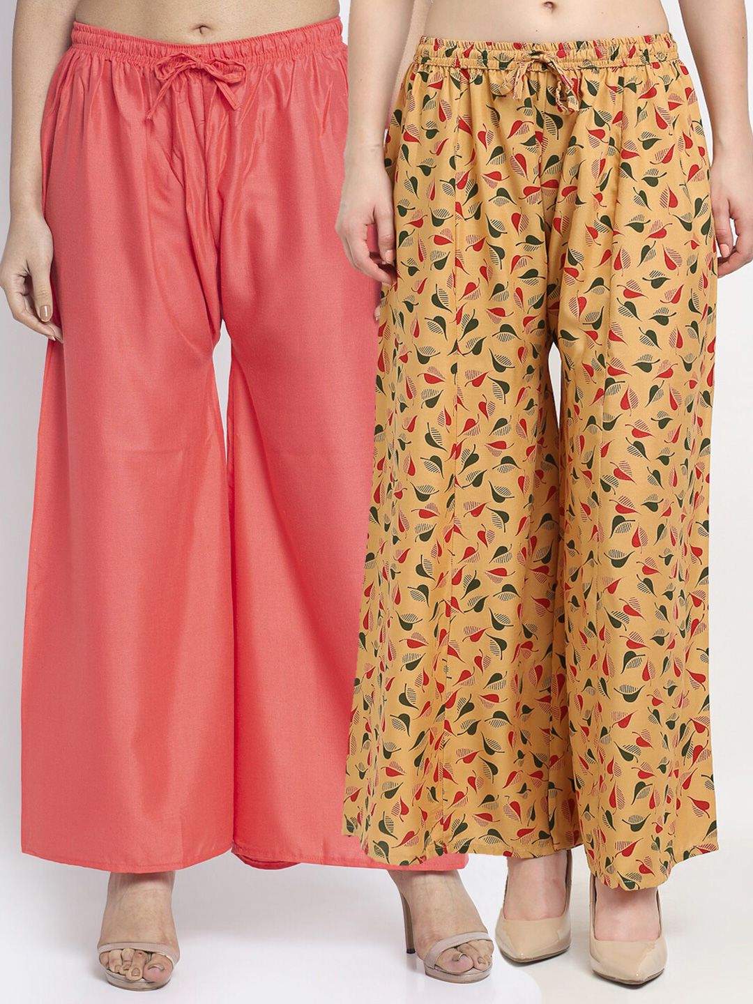 GRACIT Women Beige & Coral Printed & Plain Pack of 2 Palazzos Price in India