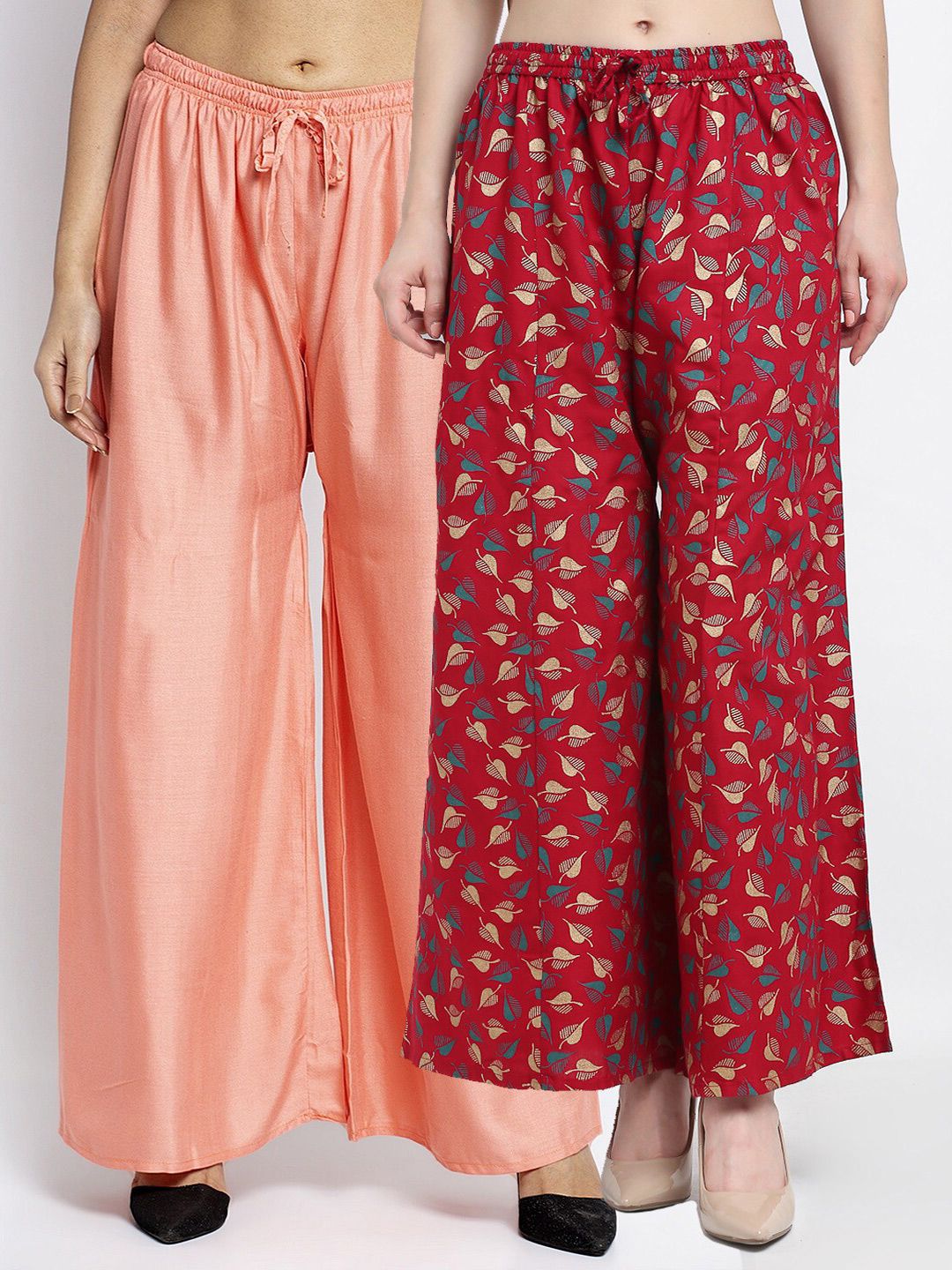 GRACIT Women Peach-Coloured & Red Pack of 2 Floral Printed Flared Knitted Ethnic Palazzos Price in India