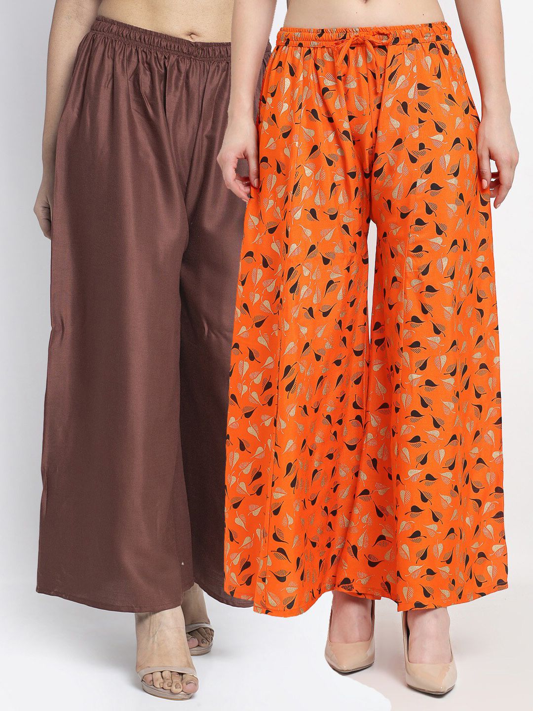 GRACIT Women Set of 2 Brown & Orange Printed Rayon Palazzos Price in India