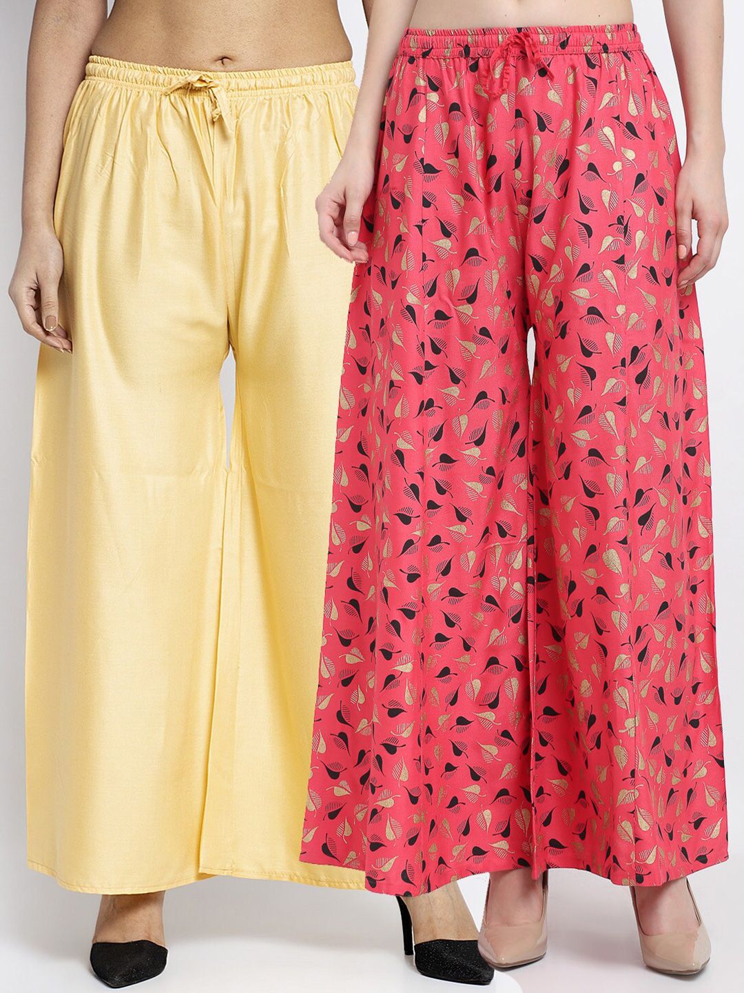 GRACIT Women Beige & Coral Printed & Plain Pack of 2 Palazzos Price in India