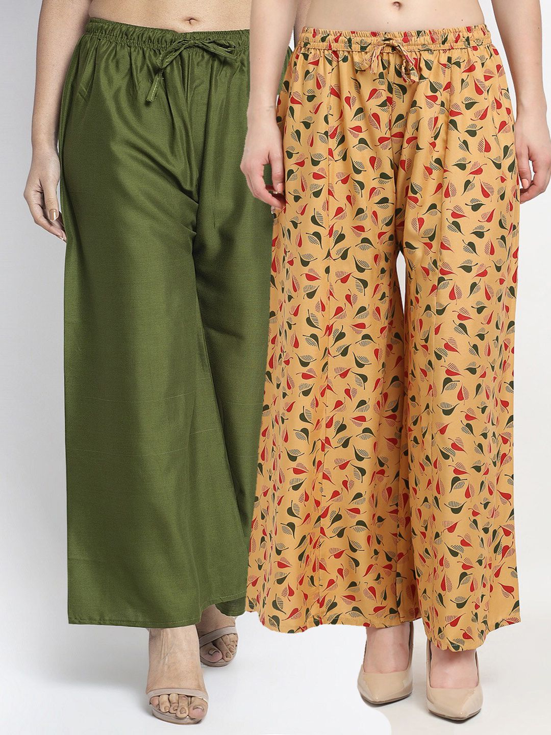 GRACIT Women Set of 2 Green & Mustard Printed Rayon Palazzos Price in India