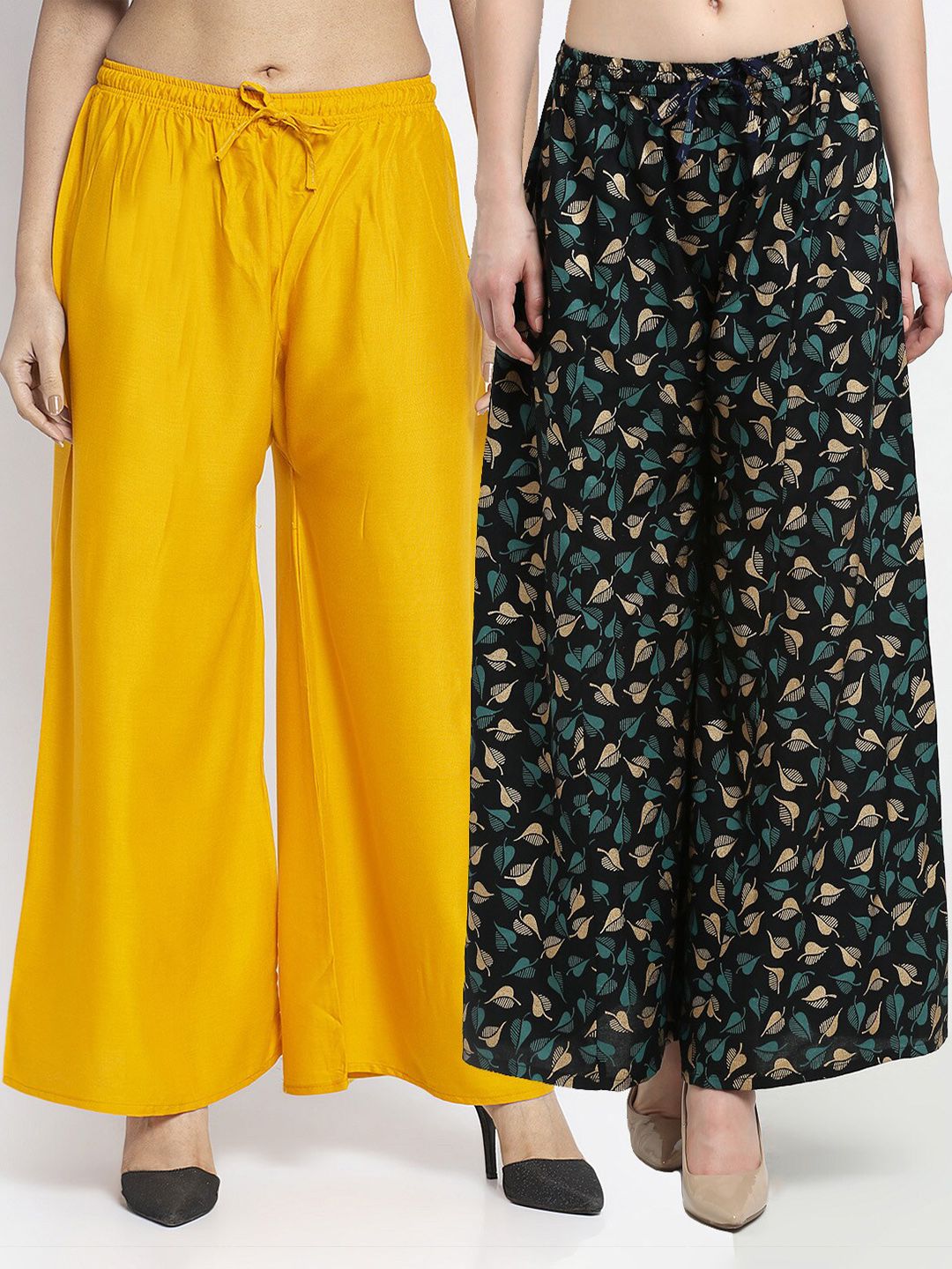 GRACIT Women Pack of 2 Yellow & Beige Floral Printed Flared Palazzos Price in India