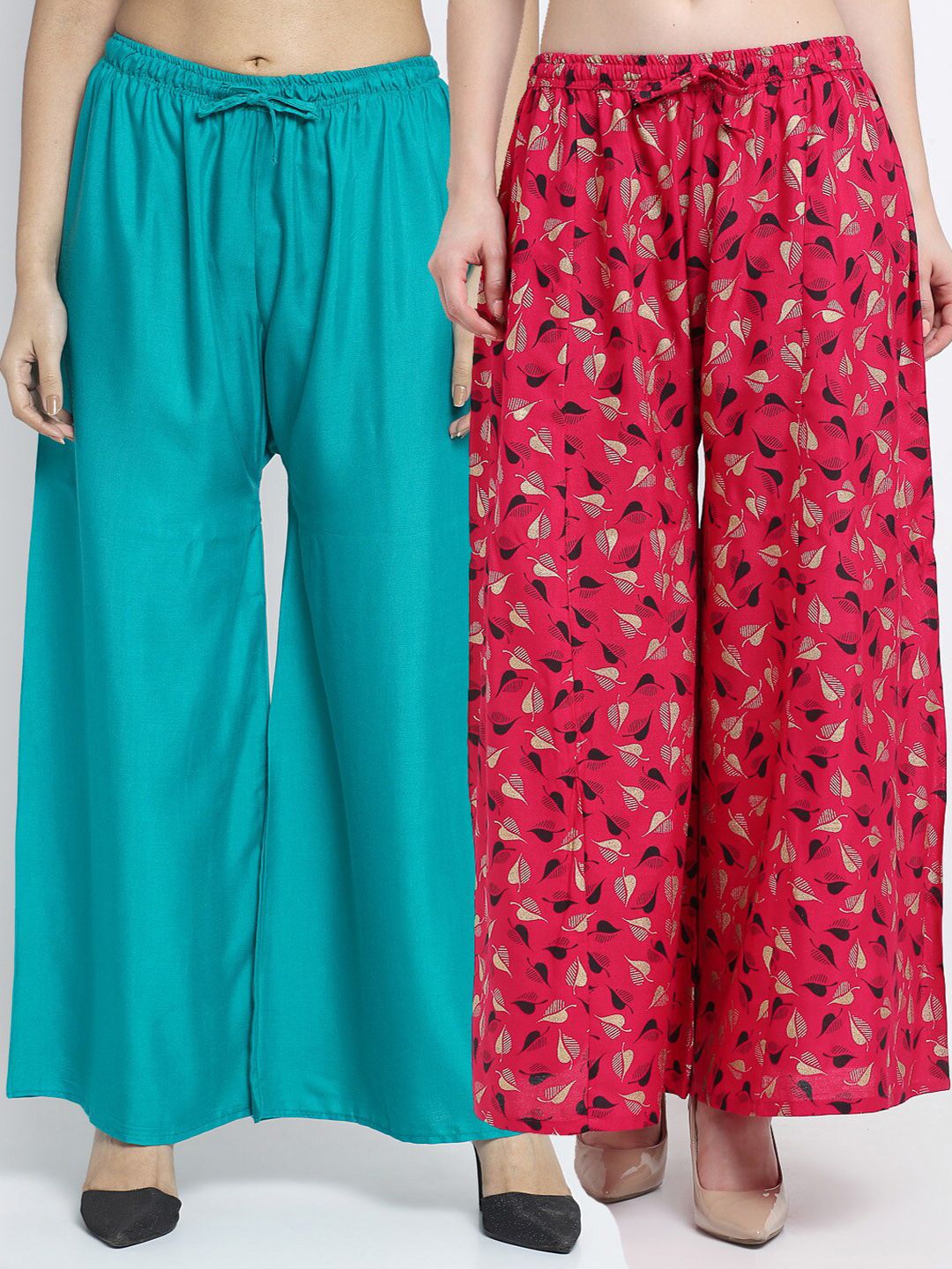 GRACIT Women Pack Of  2 Sea Green & Pink Printed Flared Knitted Ethnic Palazzos Price in India