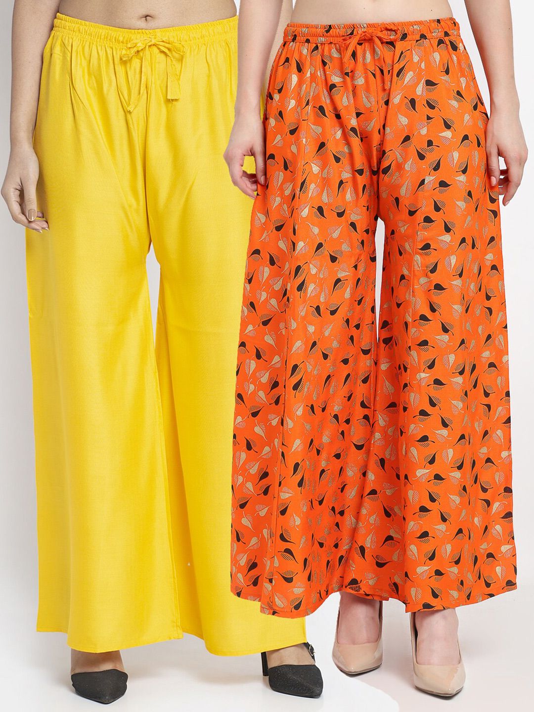 GRACIT Women Yellow & Orange Printed & Plain Pack of 2 Palazzos Price in India