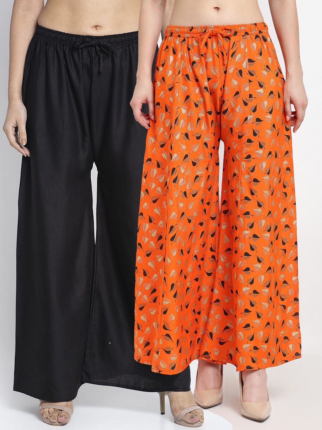 GRACIT Women Set of 2 Black & Orange Printed Rayon Palazzos Price in India