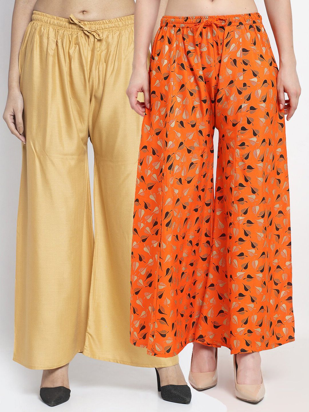 GRACIT Women Pack Of  2 Beige & Orange Printed Flared Knitted Ethnic Palazzos Price in India