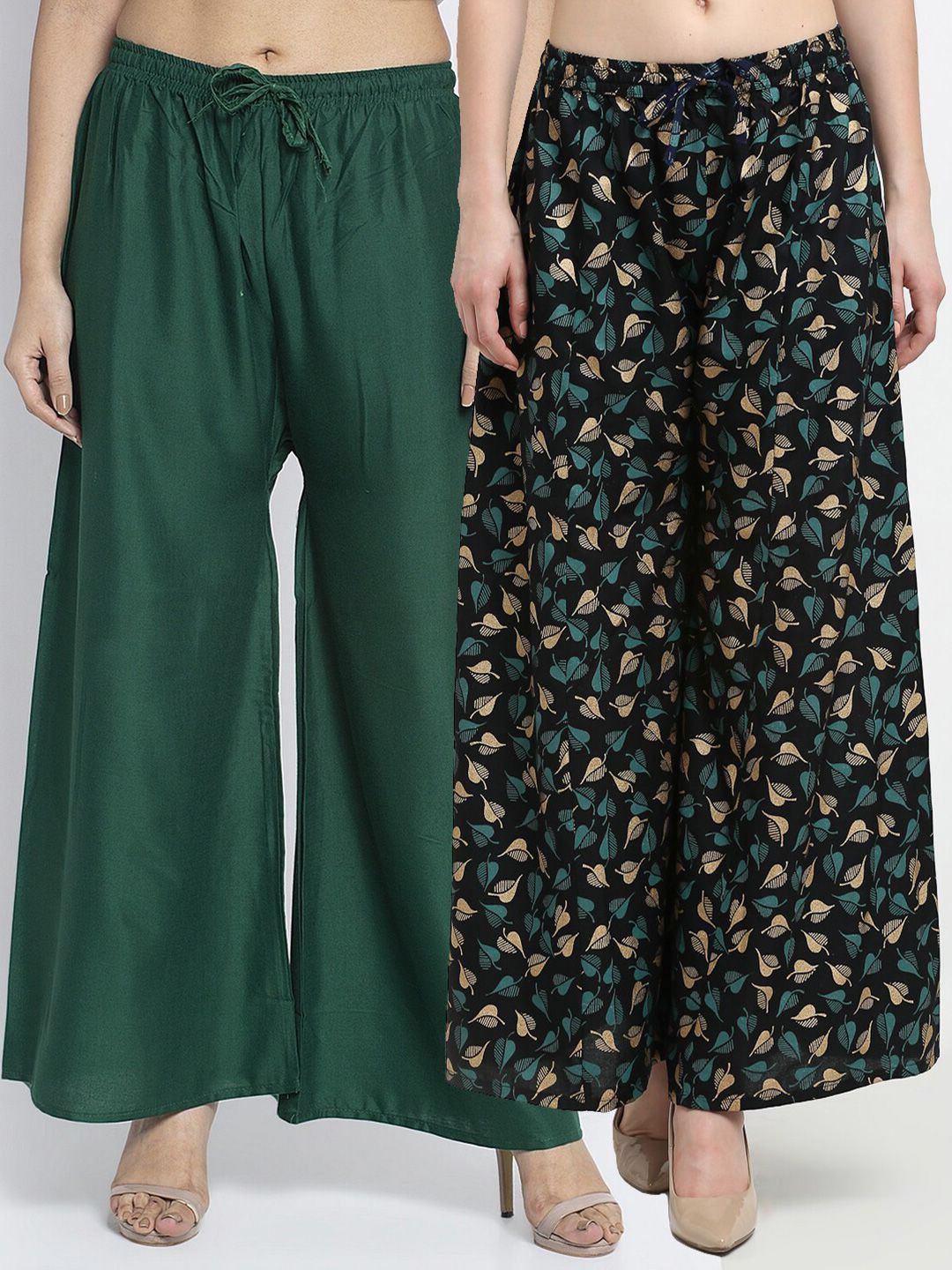 GRACIT Women Green & Black Printed & Plain Pack of 2 Palazzos Price in India