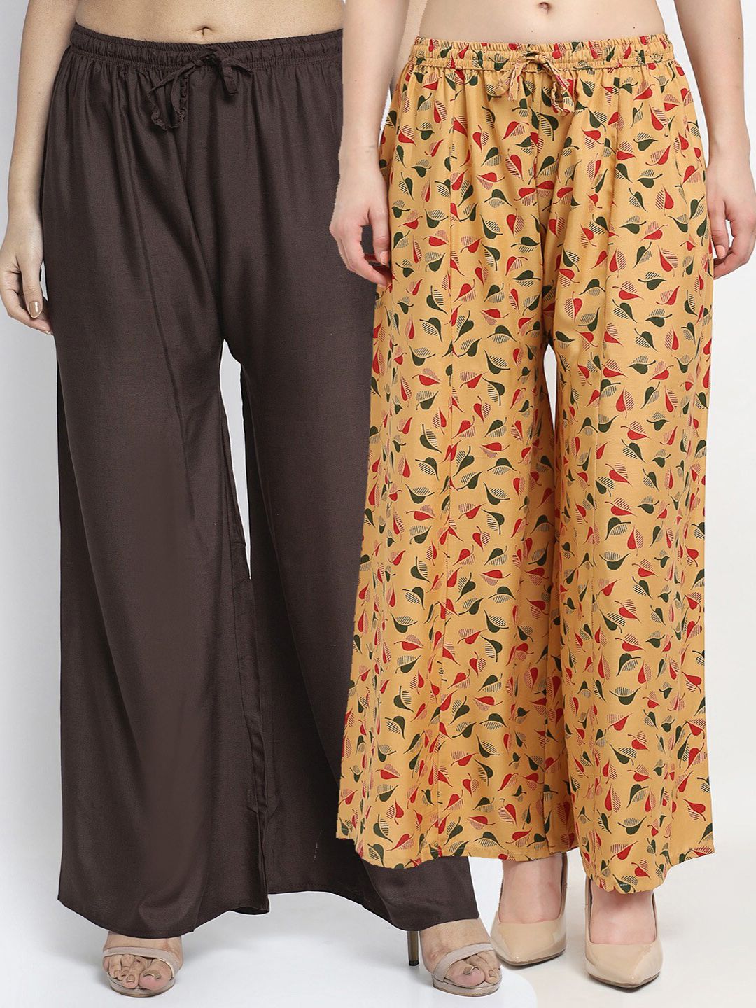 GRACIT Women Brown & Beige Pack of 2 Printed Flared Knitted Ethnic Palazzos Price in India