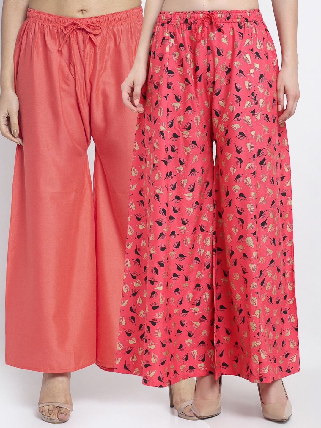 GRACIT Women Pack of 2 Orange & Peach-Coloured Floral Printed Flared Palazzos Price in India