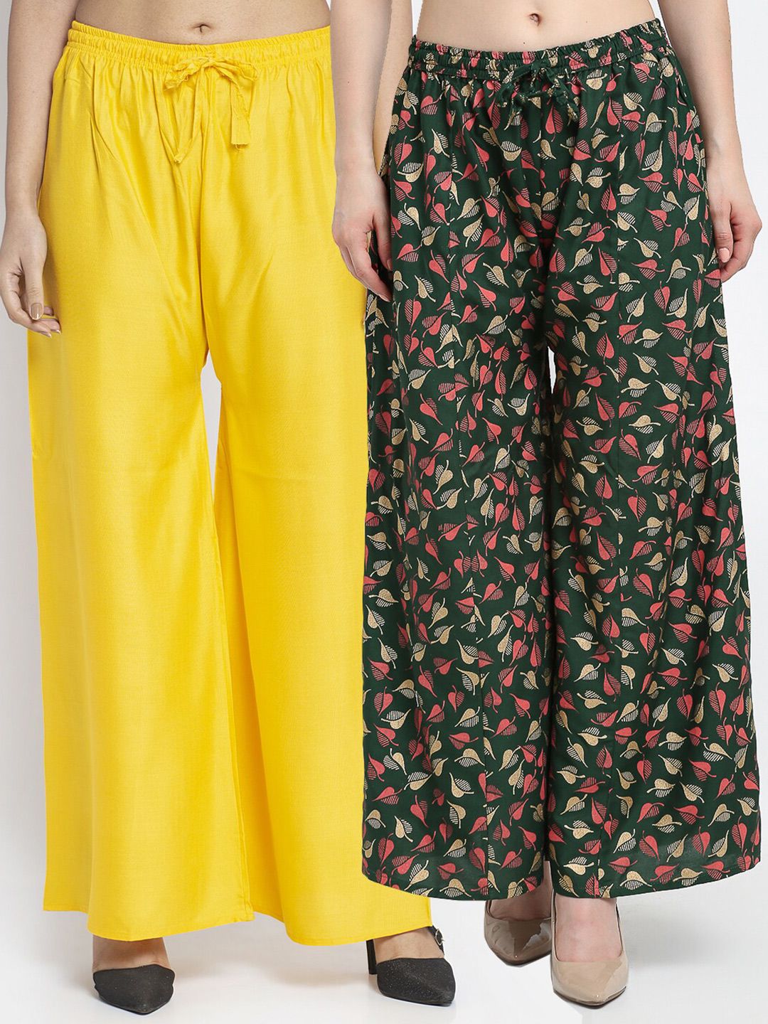 GRACIT Women Pack Of  2 Yellow & Green Printed Flared Knitted Ethnic Palazzos Price in India