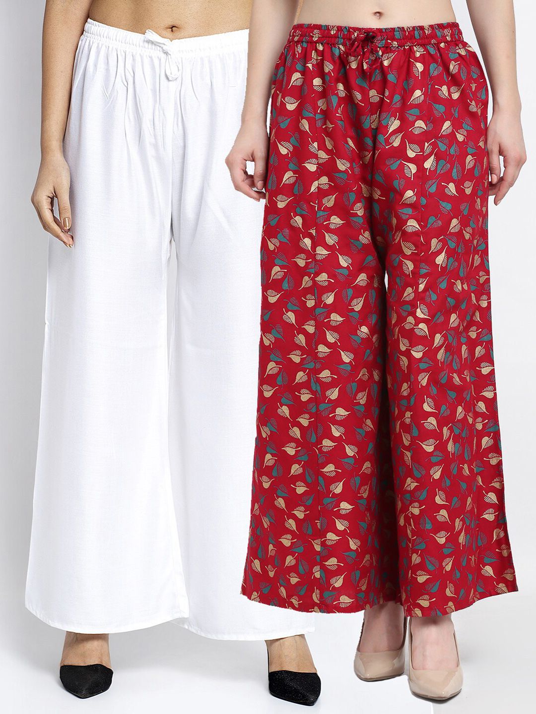 GRACIT Women Pack Of 2 White & Red Printed Flared Palazzos Price in India