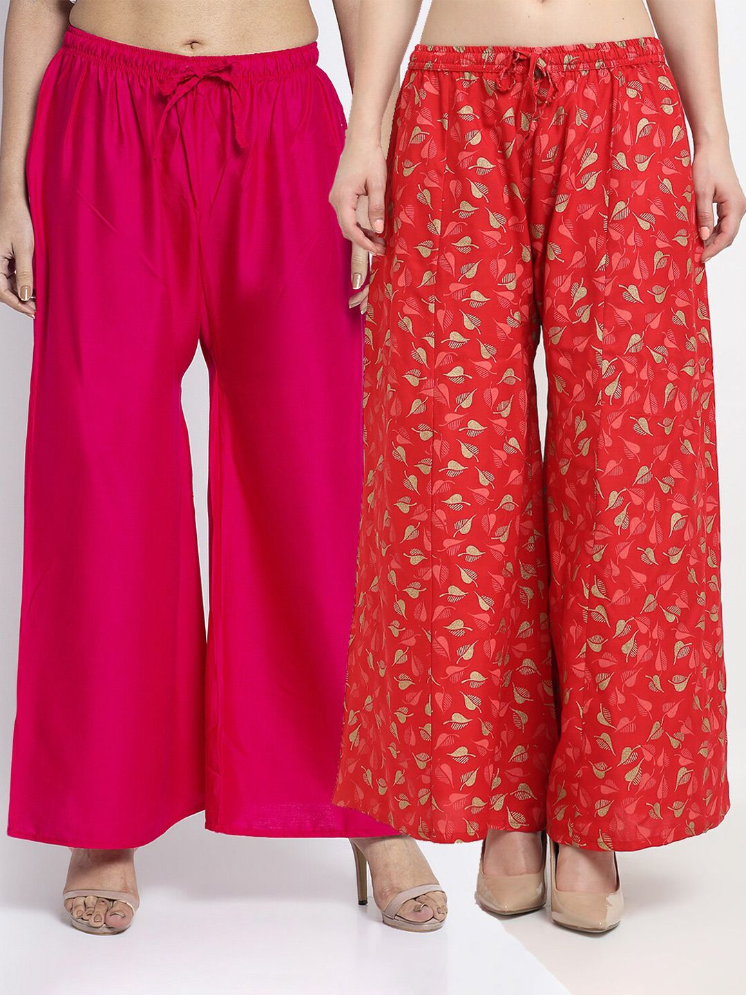 GRACIT Women Pink & Red Pack of 2 Printed Flared Knitted Ethnic Palazzos Price in India