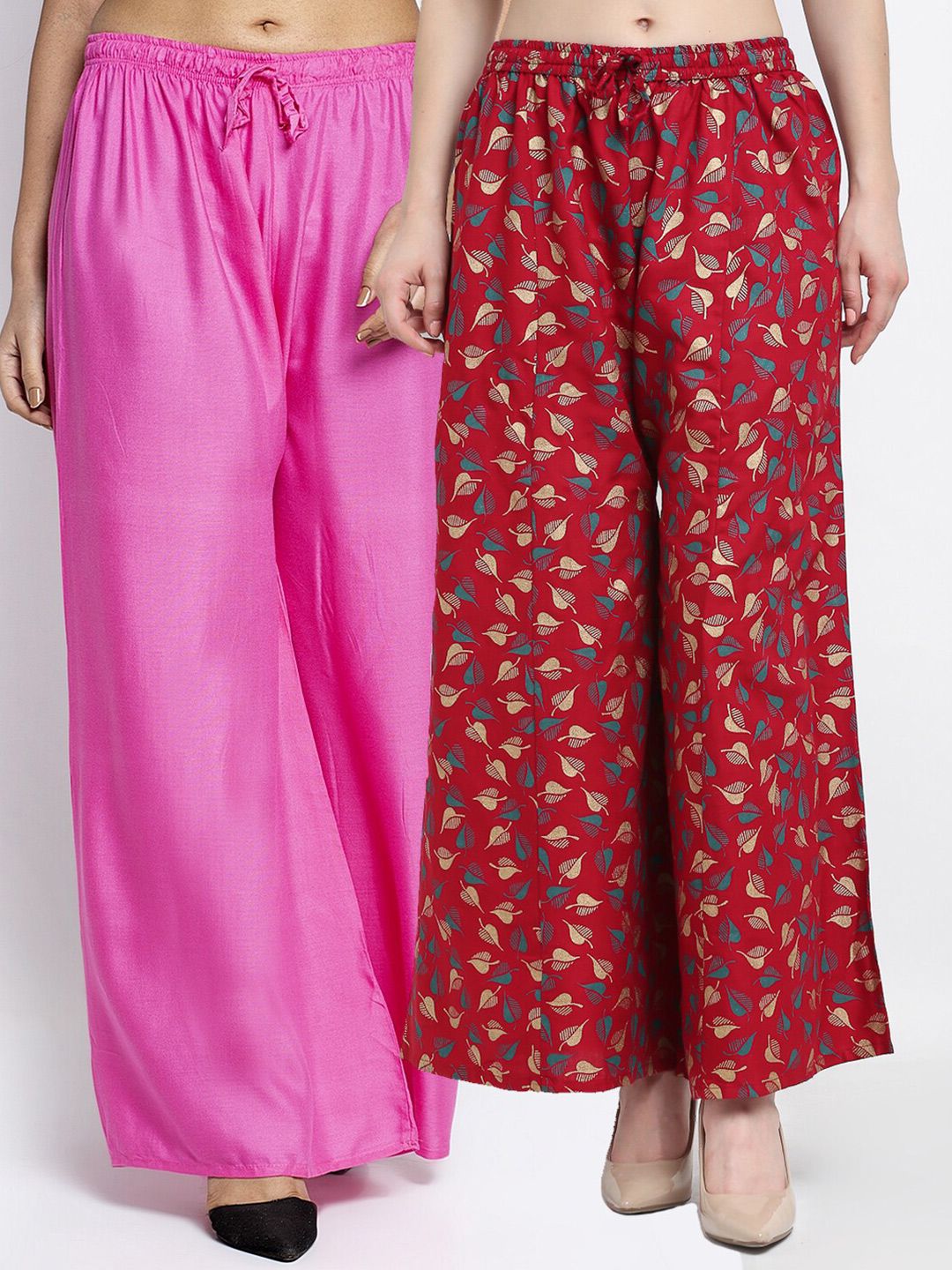 GRACIT Women Set of 2 Pink & Red Printed Rayon Palazzos Price in India