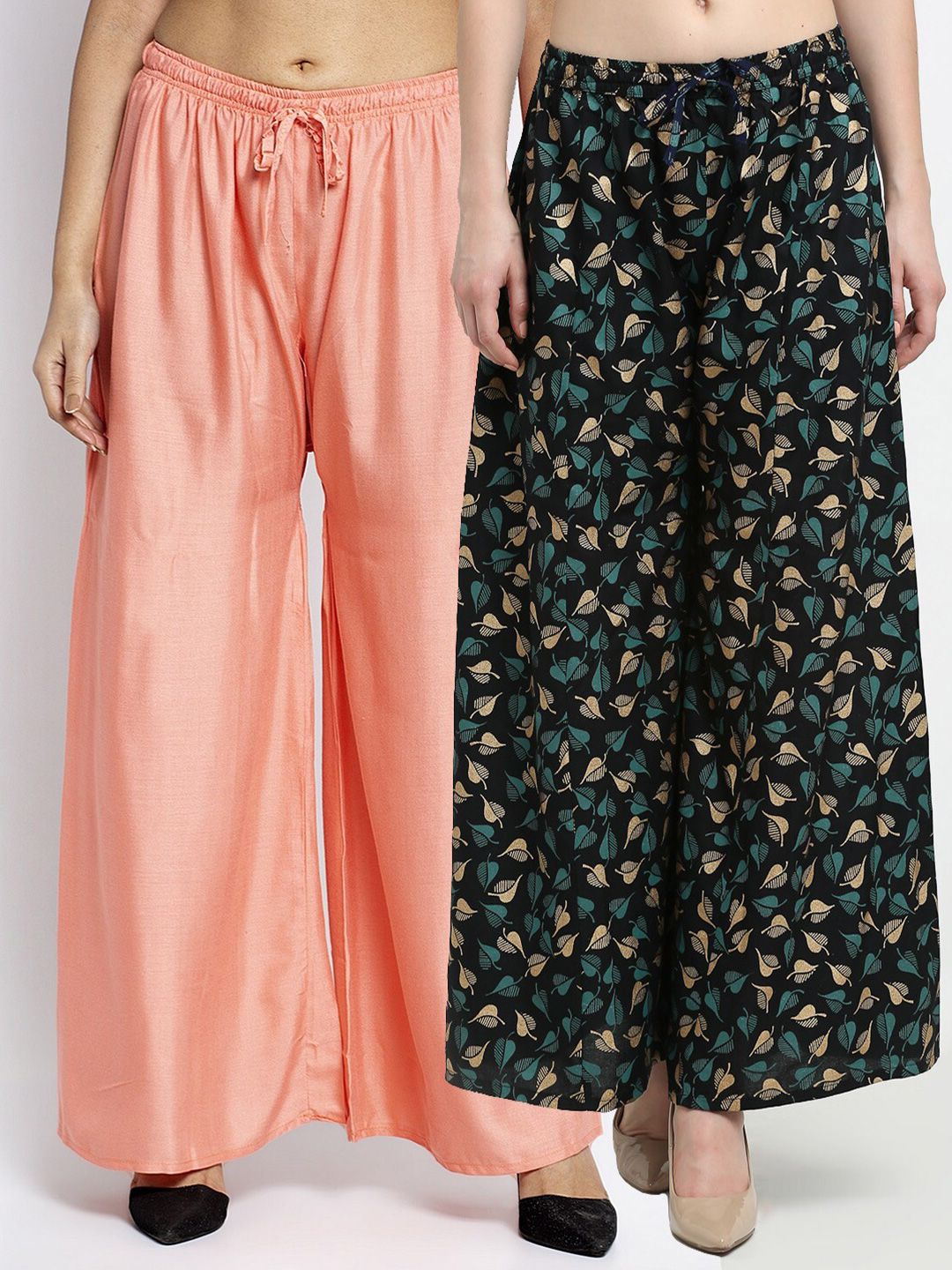 GRACIT Women Pack of 2 Peach-Coloured & Black Floral Printed Flared Palazzos Price in India