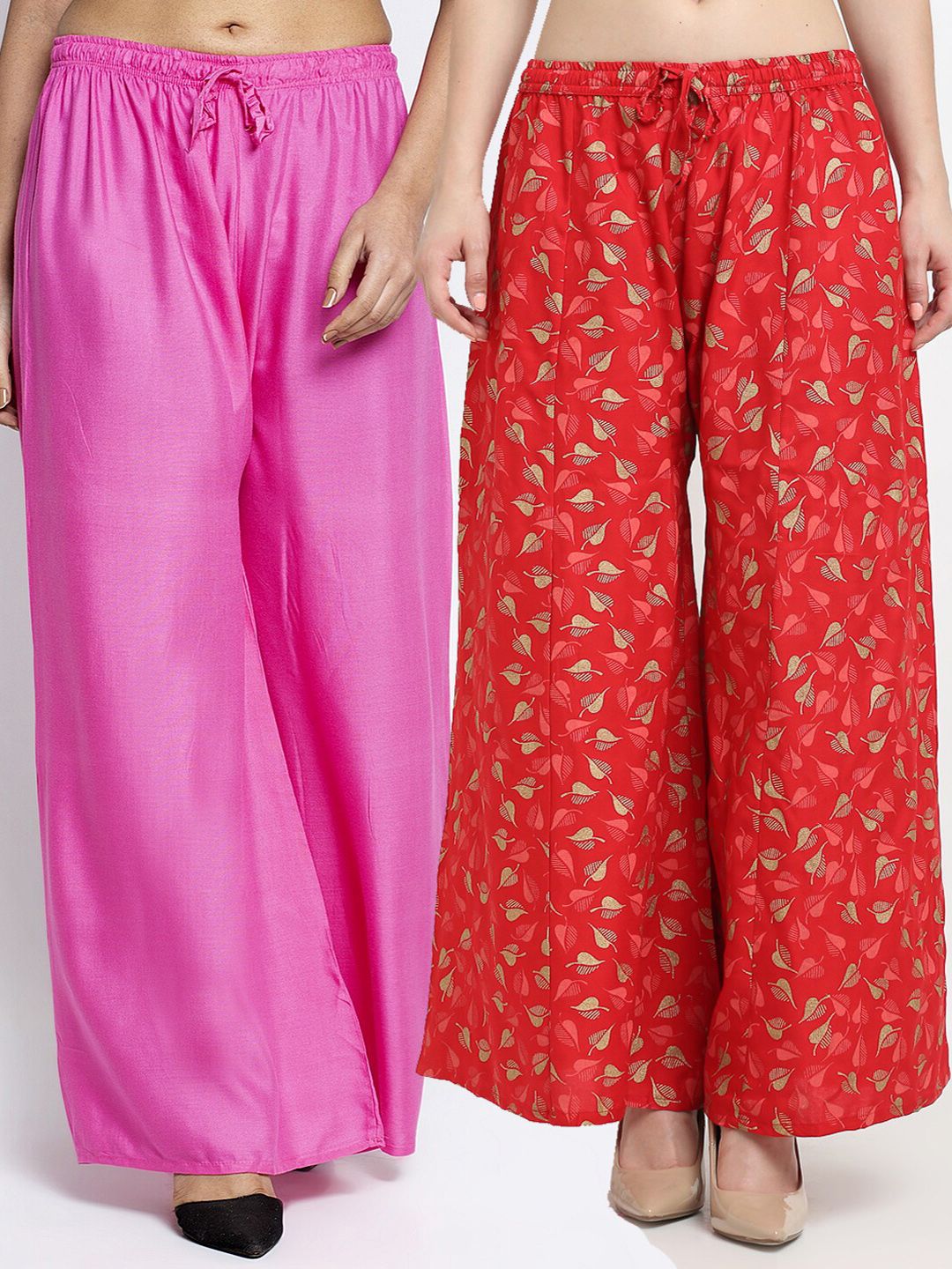 GRACIT Women Red & Pink Printed & Plain Pack of 2 Palazzos Price in India