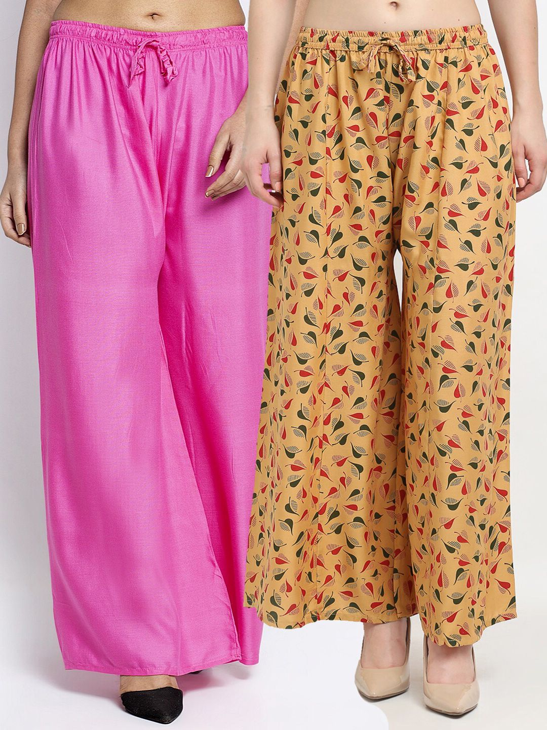 GRACIT Women Pink & Beige Pack of 2 Printed Flared Knitted Ethnic Palazzos Price in India