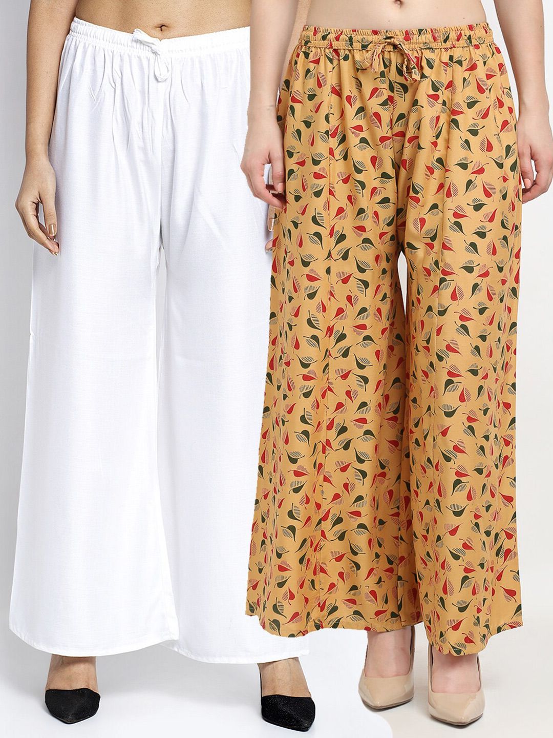 GRACIT Women White & Beige Pack of 2 Printed Flared Knitted Ethnic Palazzos Price in India