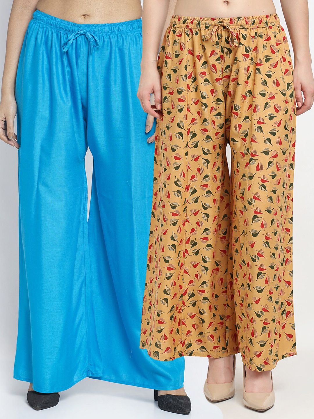 GRACIT Women Set of 2 Blue & Mustard Printed Rayon Palazzos Price in India