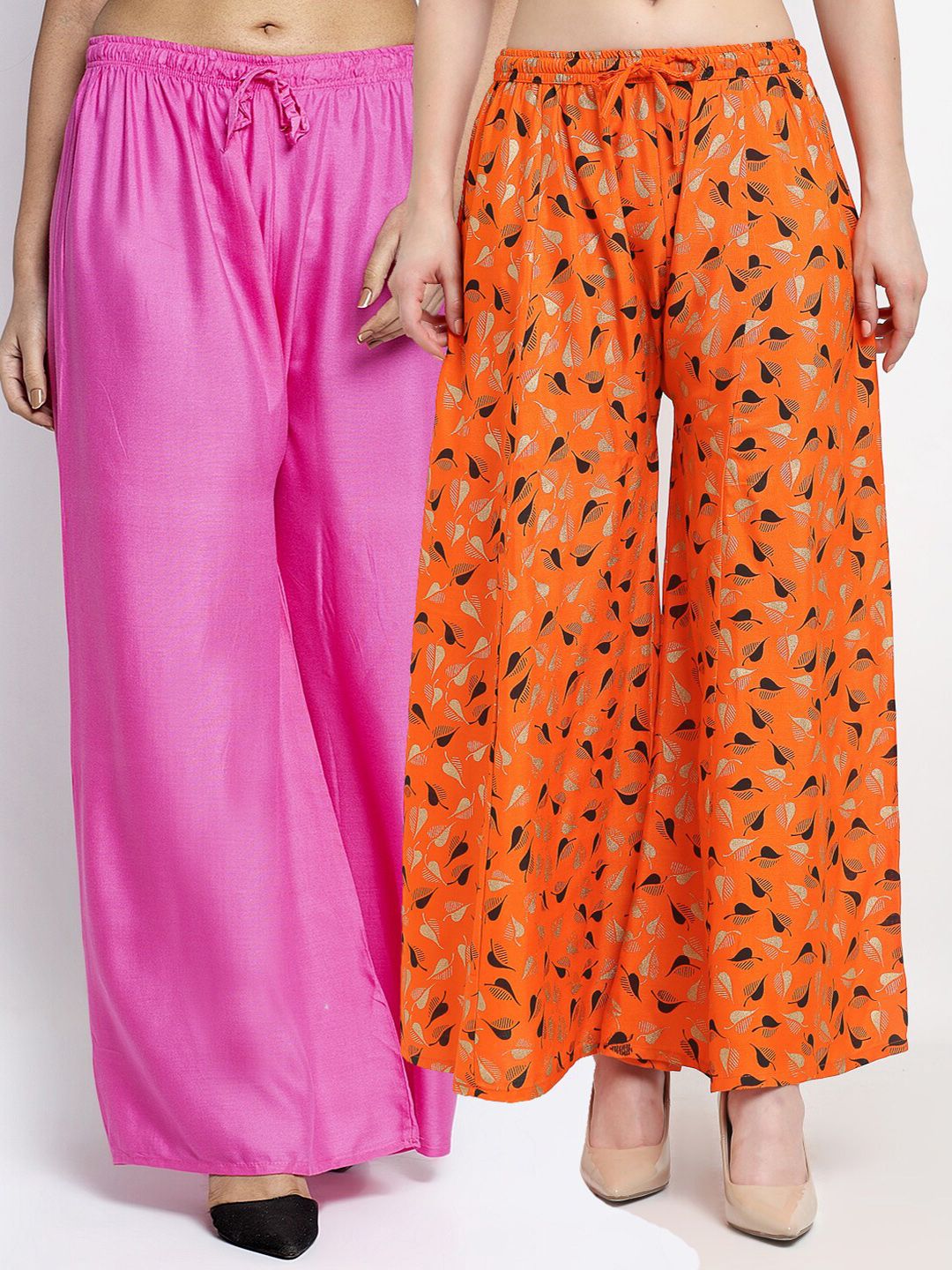 GRACIT Women Pack Of 2 Pink & Orange Printed Flared Knitted Ethnic Palazzos Price in India