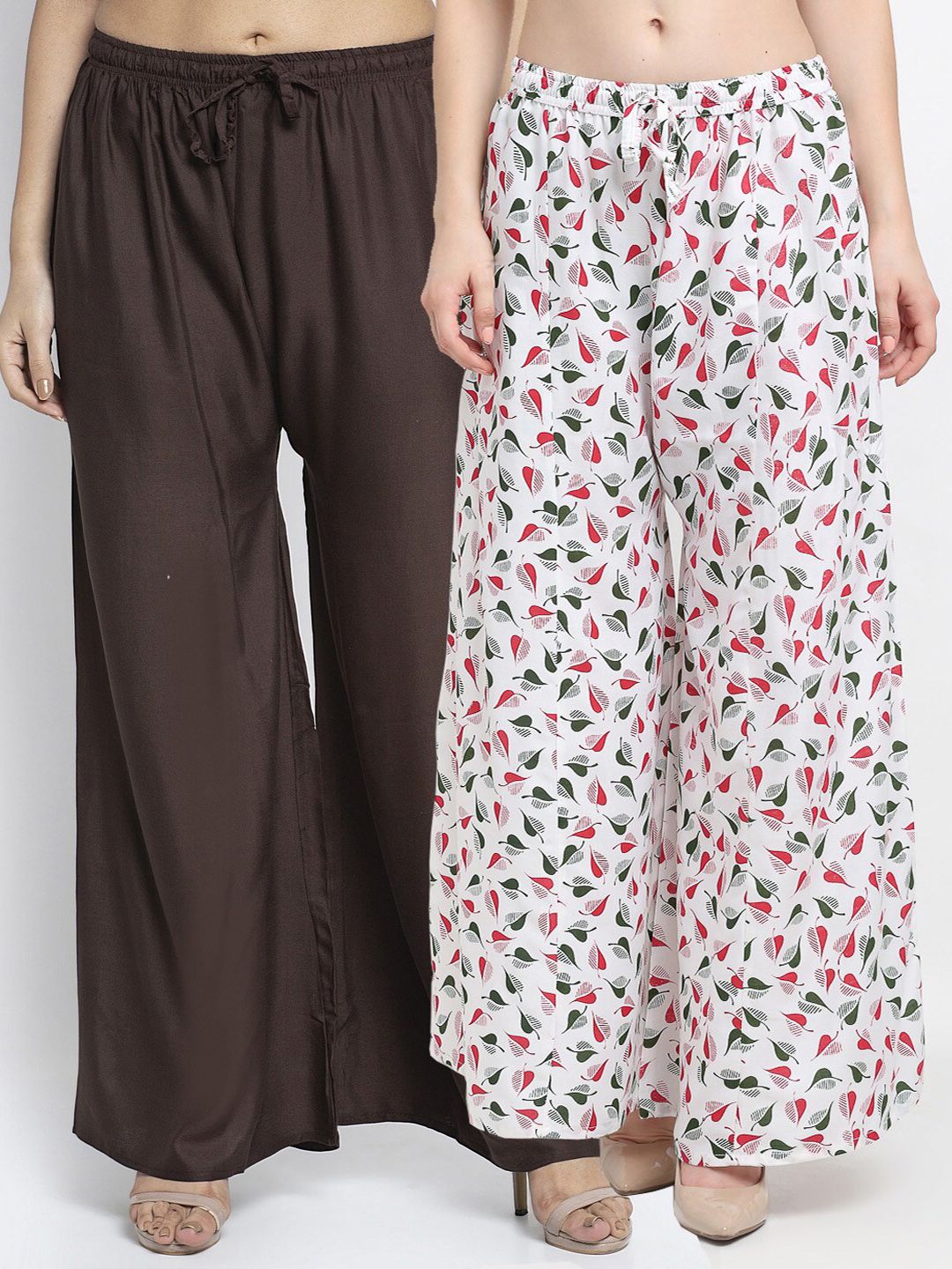 GRACIT Women Set of 2 Brown & White Printed Rayon Palazzos Price in India