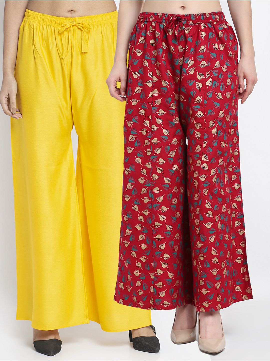 GRACIT Women Yellow & Maroon Printed & Plain Palazzos Pack of 2 Price in India