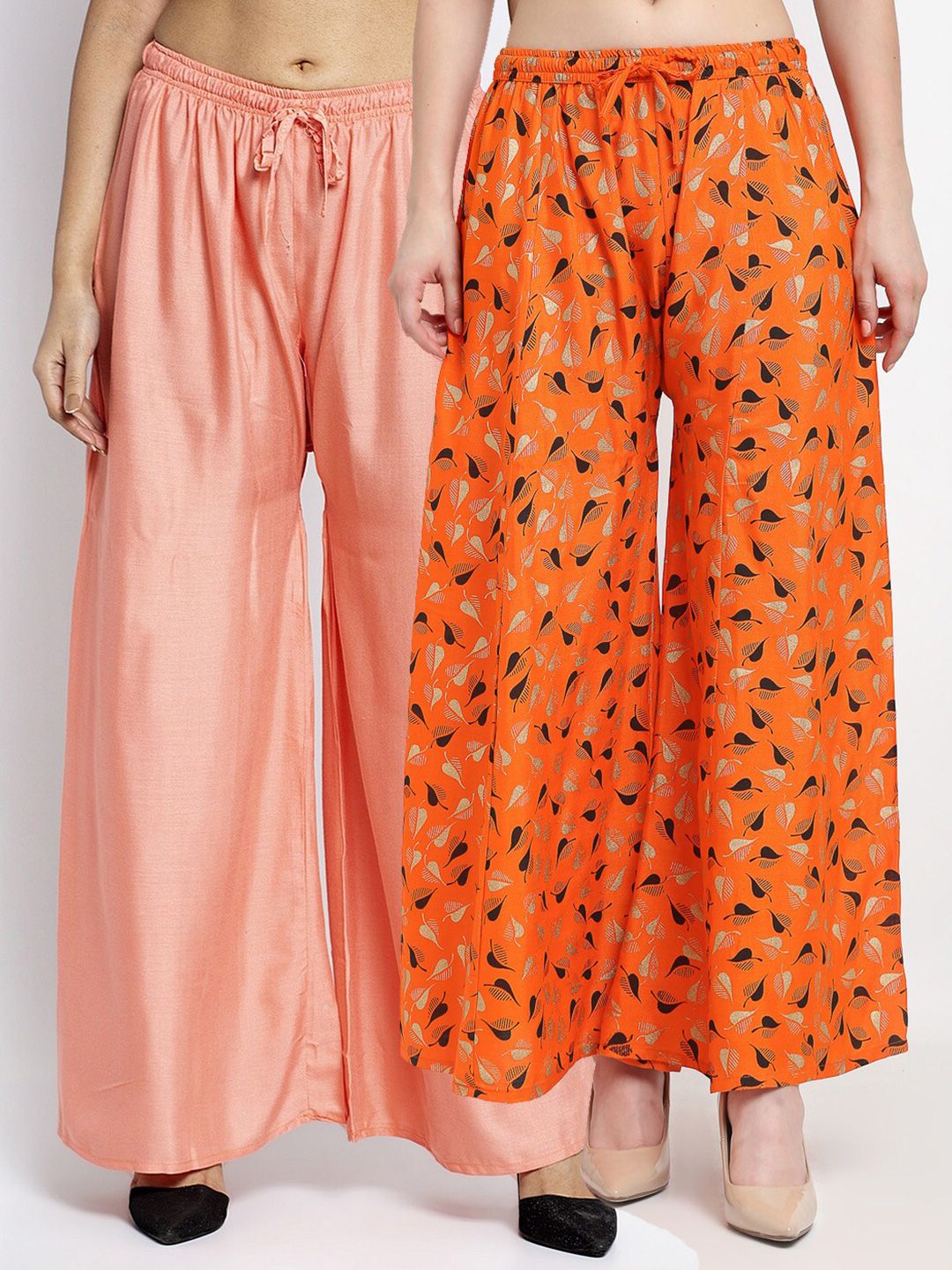 GRACIT Women Peach-Coloured & Orange Pack of 2 Printed Flared Knitted Ethnic Palazzos Price in India