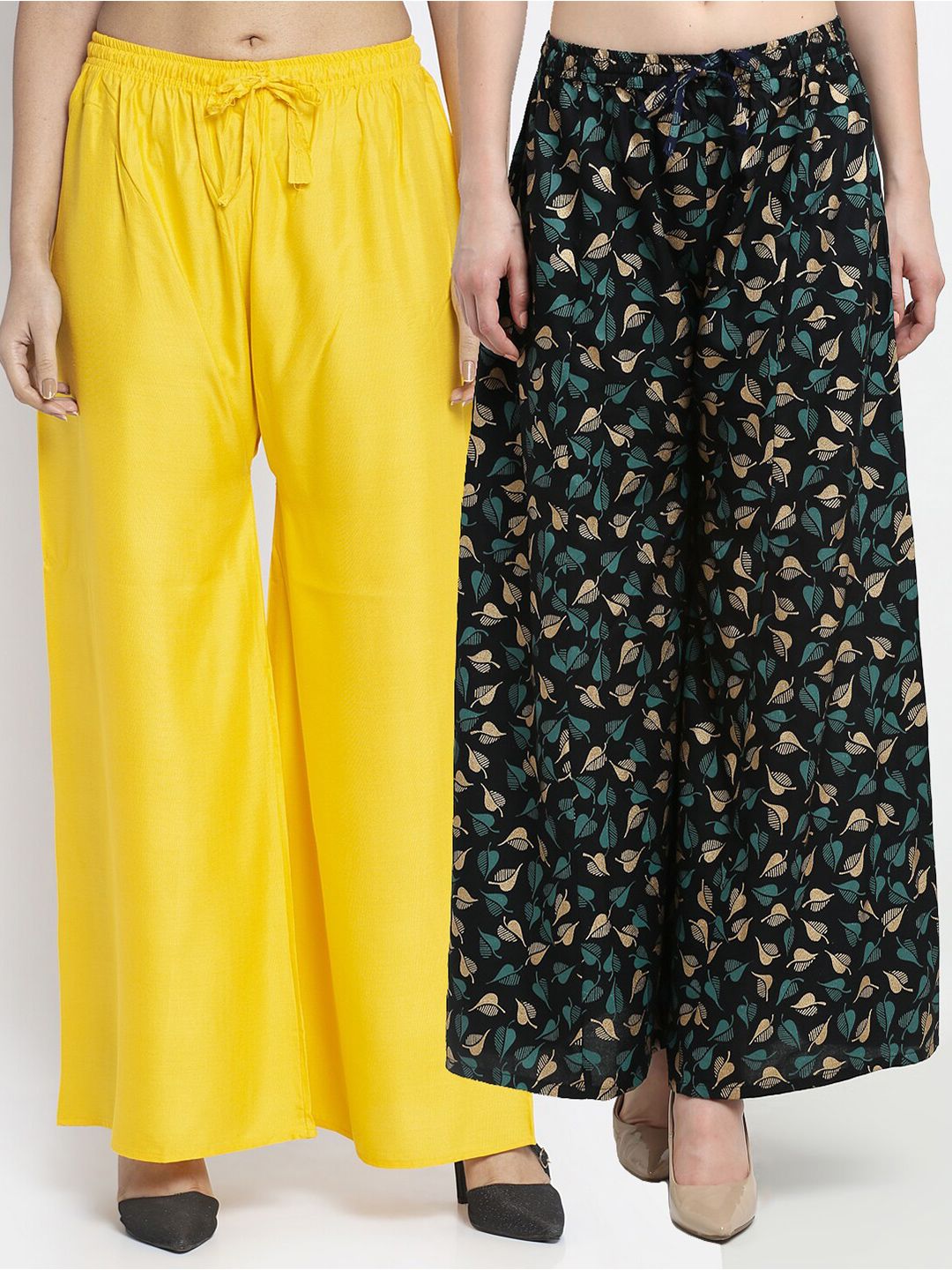 GRACIT Women Set of 2 Yellow & Black Printed Rayon Palazzos Price in India