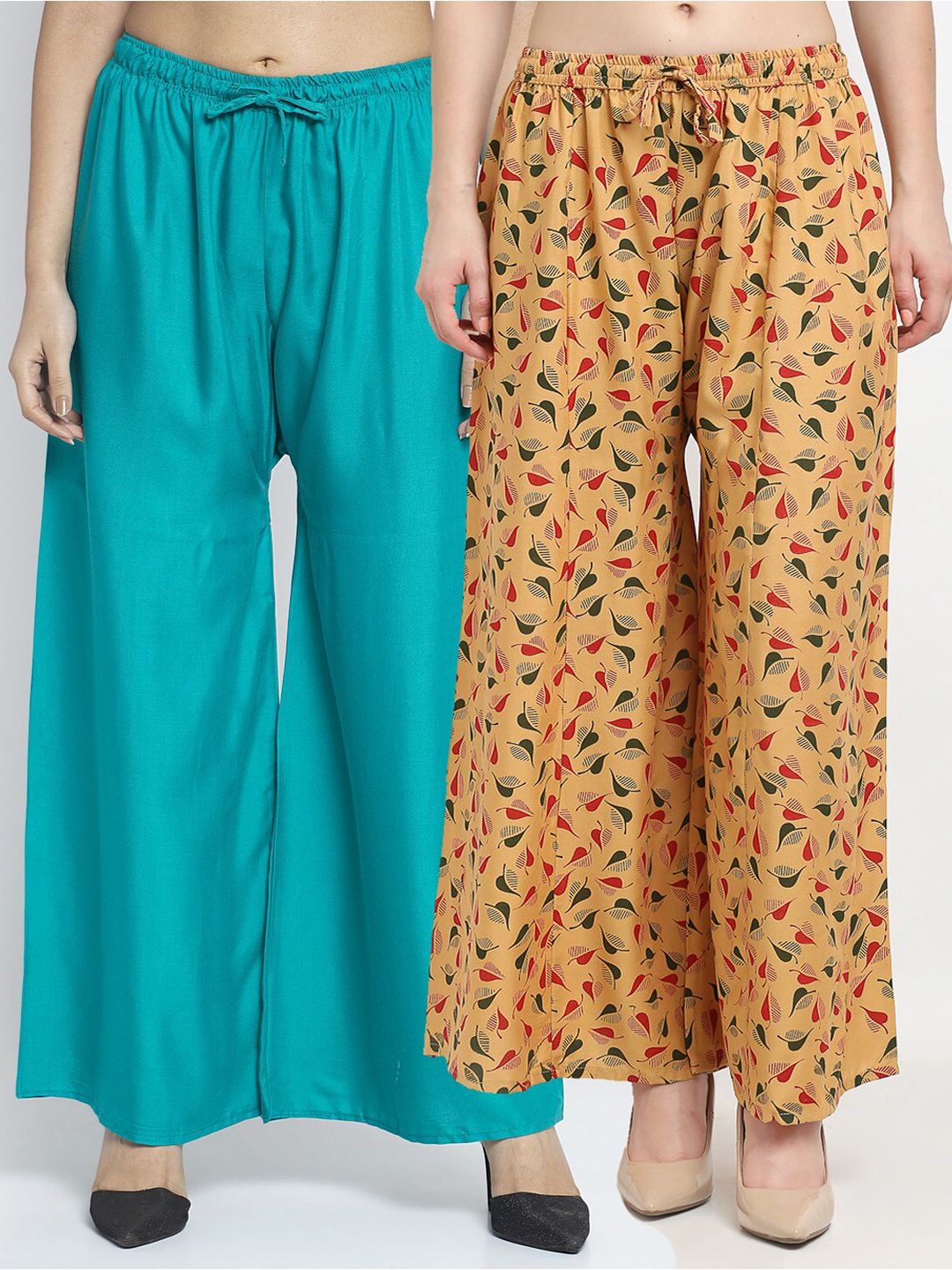 GRACIT Women Pack of 2 Sea Green & Mustard Yellow Floral Printed Flared Palazzos Price in India