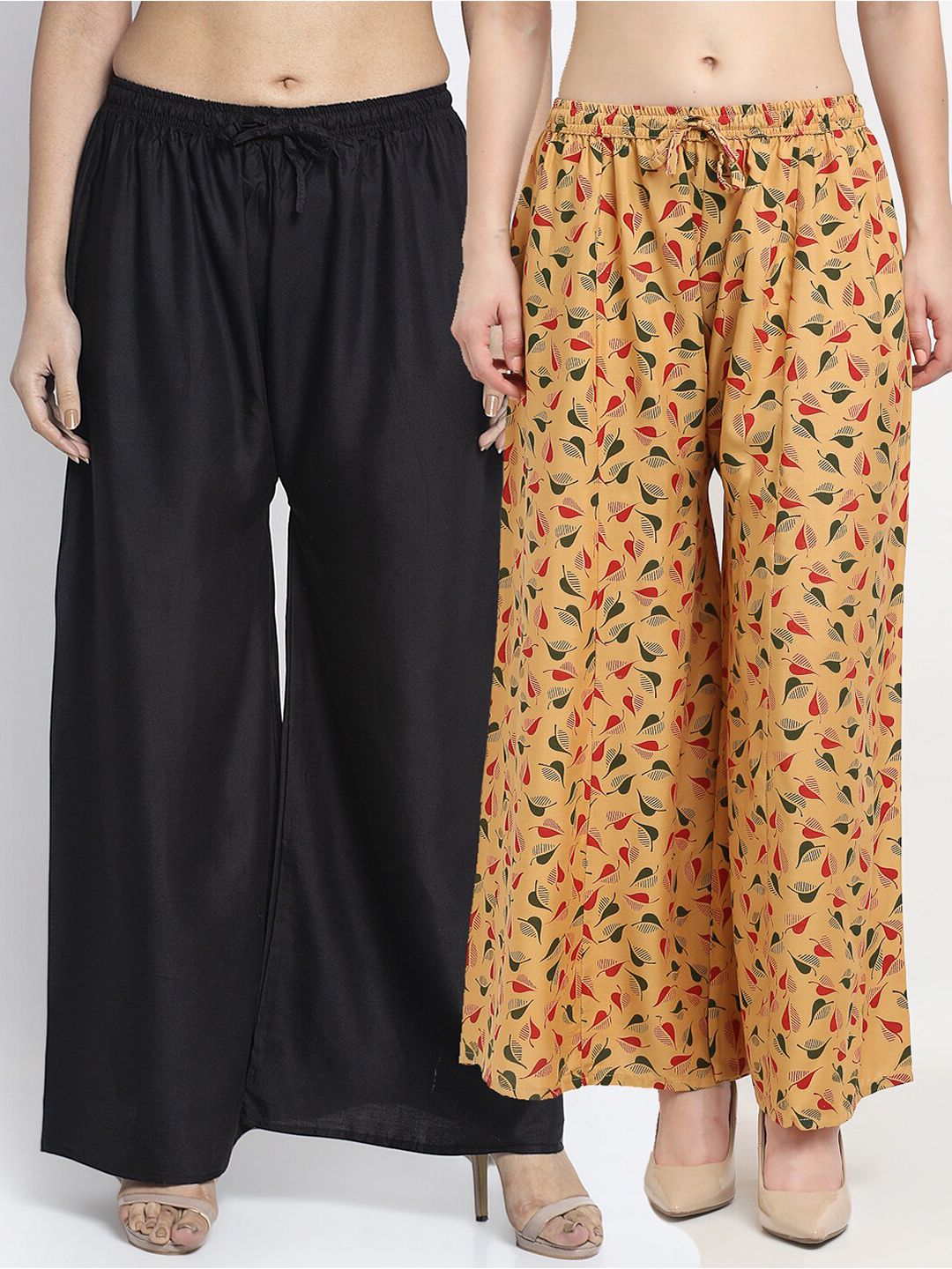 GRACIT Women Black & Beige Printed & Plain Pack of 2 Palazzos Price in India