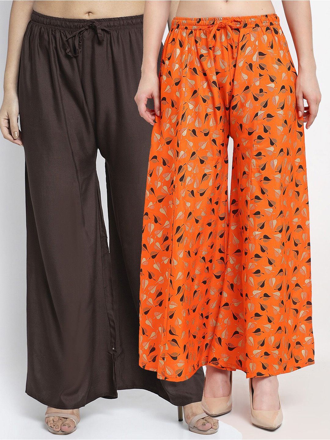 GRACIT Women Set of 2 Brown & Orange Printed Rayon Palazzos Price in India