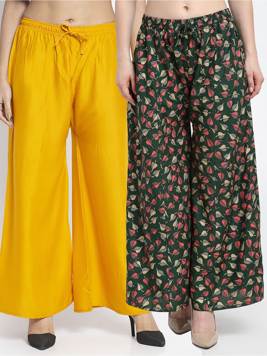 GRACIT Women Pack Of 2 Yellow & Green Printed Flared Palazzos Price in India