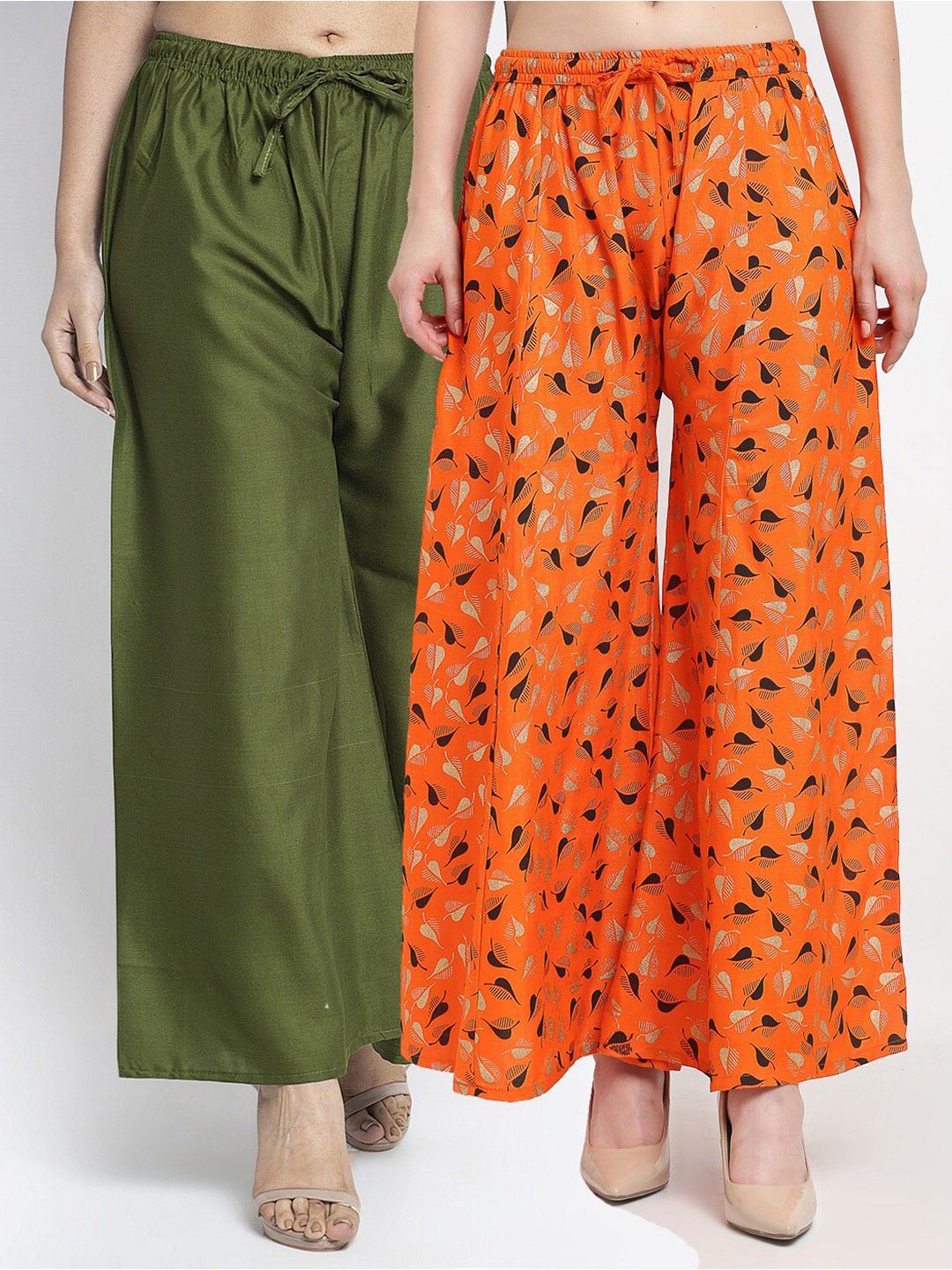 GRACIT Women Set of 2 Green & Orange Printed Rayon Palazzos Price in India