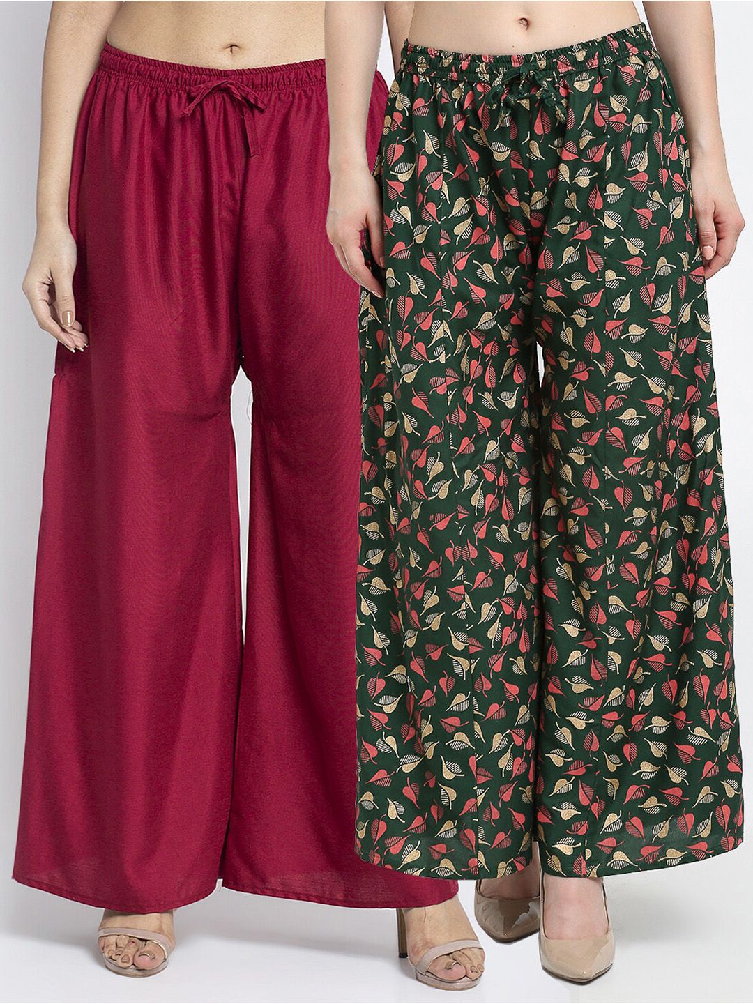 GRACIT Women  Pack Of 2 Maroon & Green Flared Knitted Ethnic Palazzos Price in India