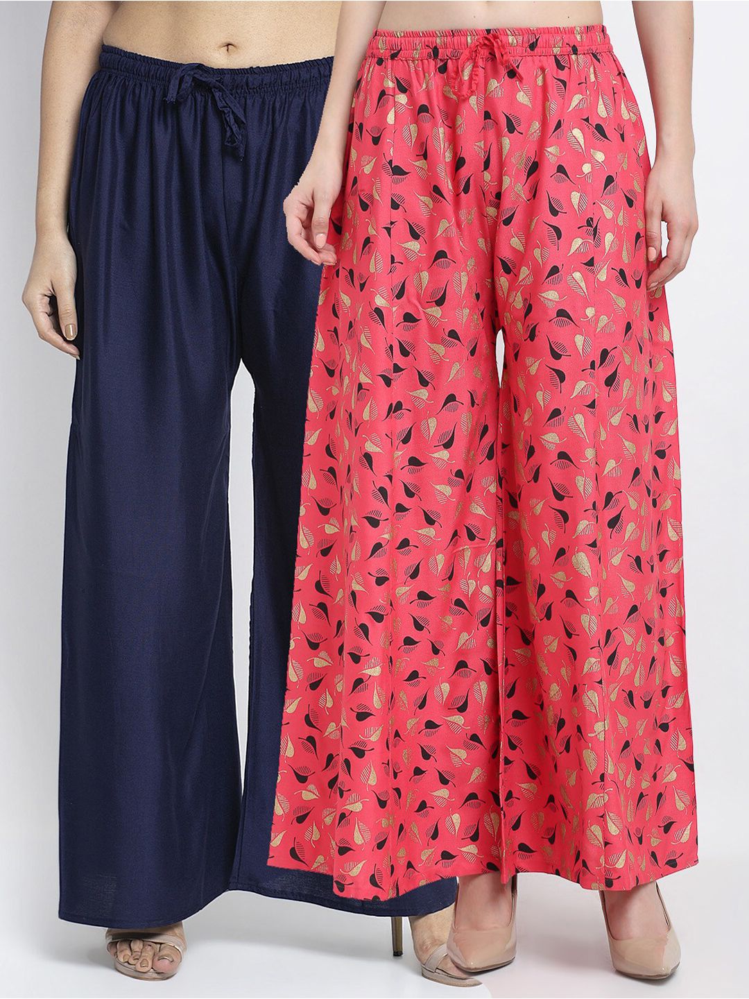 GRACIT Women Navy Blue & Coral Printed & Plain Pack of 2 Palazzos Price in India