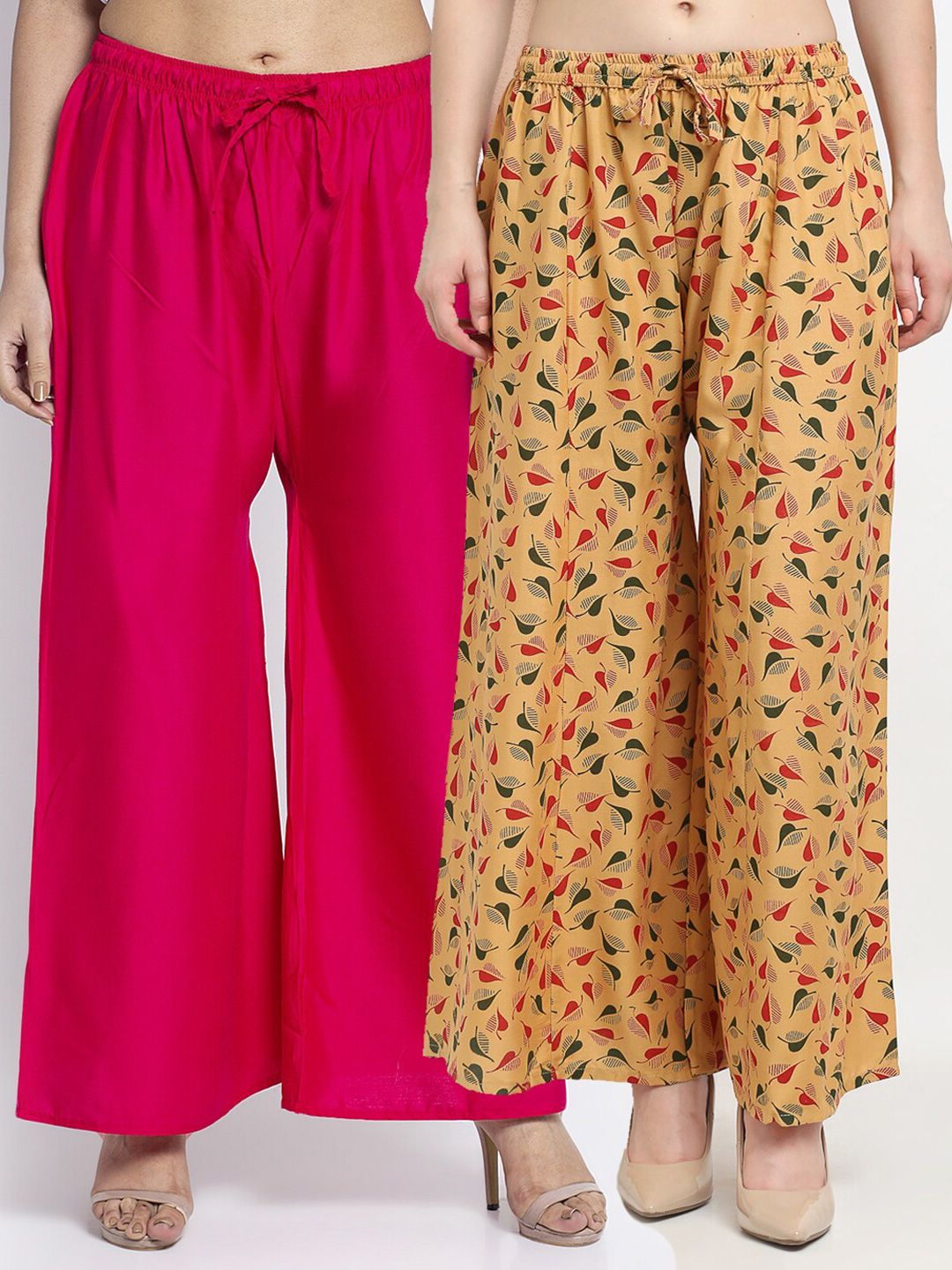 GRACIT Women Pack of 2 Pink & Mustard Yellow Floral Printed Flared Palazzos Price in India