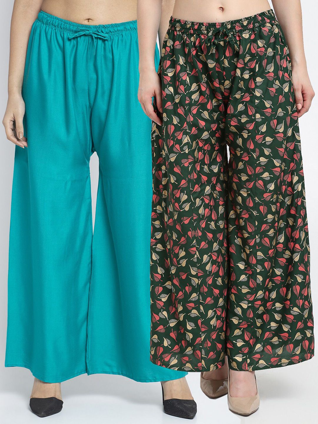 GRACIT Women Pack Of 2 Sea Green & Green Floral Printed Knitted Ethnic Palazzos Price in India